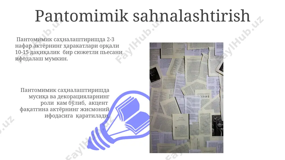 hilarini tanlab montaj qilishi muhim ahamiyat kasb etadi. televizion sahnalashtirishda 3 kamerali tizimdan foydalanish, har bir kamera boshqa burchakdan kadr olish imkonini berib, dinamik va ko‘p qirrali tasvir yaratadi, bu esa tomoshabinlarni voqea markaziga chuqurroq jalb qiladi. radio sahnalashtirish 01 02 effektli radio sahnalashtirish uchun, kamida 5 turdagi tovush effektlari (masalan, tabiiy tovushlar, mashina ovozi, inson ovozi) va professional ovoz rejissorining ishtiroki zarur. sales 1st qtr 2nd qtr 100 0 sales 1st qtr 2nd qtr 100 0 e'tiboringiz uchun rahmat @taqdimot_robot image4.jpg image5.jpg image6.jpg image7.jpg image8.jpg image9.jpg image10.jpg image11.jpg image12.jpg image13.jpg image14.jpg image15.jpg image1.jpeg image2.jpeg image3.jpeg
