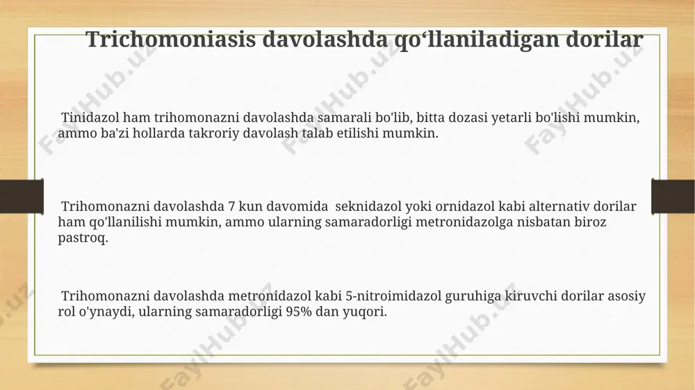 morlarda nitazoksanid preparati qo'llanilishi mumkin, uning samaradorligi 90% dan yuqori. giardiazni davolashda metronidazol va tinidazol kabi 5-nitroimidazol guruhiga mansub dorilar samarali hisoblanadi, ularning davolash kursi odatda 5-7 kun davom etadi. e'tiboringiz uchun rahmat @taqdimot_robot image3.png image4.png