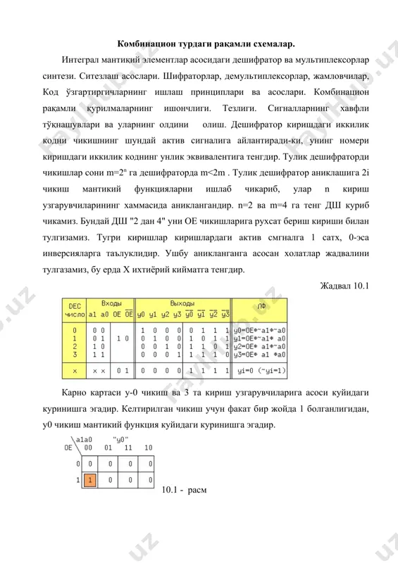 кат а1,а0 узгарувчиларга боглик. агарда киришда а1,а0=10 код булса, унга унлик икки мос келади ва иккинчи и-не элемент киришларида мантикий "1" у2 диаграмма куриниб турибди. ое инвентар ишлатилиши мумкин. бу ерда ое=1 га тенг, качонки, ~oe1=~oe2=0 ва ое3=1. бундай схема "3 ва 8" 1533nd7 (555nd7) турдаги дешифраторларда кулланилади, уларнинг шартли белгиланиши 10.3 ва 10.4 расмларда келтирилган. 10.3 – расм дешифраторлар хисоблаш техникасида кенг кулланиб келинади. улар бир неча ташки курилмаларни танлаш, маълумотларни улар ва микропроцессорлар орасида алмашиши ташкил килади. бу учун хам ai киришларга ташки курилмалар адреси берилади, киришлар эса адрес киришлар дейилади. шифраторлар шифратор мавкеъсиз булади, агарда факат битта хакикий сигнал узатишга рухсат этилса, ва мавкеълик булиши мумкин, агарда бирданига бир неча сигналларни киришга рухсат этилса, мавкеъсиз ш унлик ракамли хакикий киришни номерини чикишга унинг иккилик эквивалентга кайта ишловчи курилмага айтилади. мавкеъсиз "4 дан 2" шифратор учун хажмлар жадвали (10.5 расм) куйидаги куринишга эга. шифраторларнинг курилиши ва шартли белгиланиши …