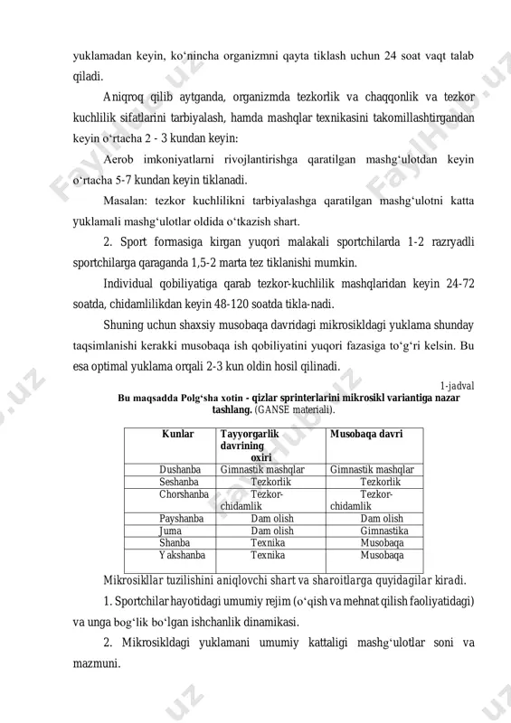 hidamlilikdan keyin 48-120 soatda tikla-nadi. shuning uchun shaxsiy musobaqa davridagi mikrosikldagi yuklama shunday taqsimlanishi kerakki musobaqa ish qobiliyatini yuqori fazasiga toʻgʻri kelsin. bu esa optimal yuklama orqali 2-3 kun oldin hosil qilinadi. 1-jadval bu maqsadda polgʻsha xotin - qizlar sprinterlarini mikrosikl variantiga nazar tashlang. (ganse materiali). kunlar tayyorgarlik davrining oxiri musobaqa davri dushanba gimnastik mashqlar gimnastik mashqlar seshanba tezkorlik tezkorlik chorshanba tezkor- chidamlik tezkor- chidamlik payshanba dam olish dam olish juma dam olish gimnastika shanba texnika musobaqa yakshanba texnika musobaqa mikrosikllar tuzilishini aniqlovchi shart va sharoitlarga quyidagilar kiradi. 1. sportchilar hayotidagi umumiy rejim (oʻqish va mehnat qilish faoliyatidagi) va unga bogʻlik boʻlgan ishchanlik dinamikasi. 2. mikrosikldagi yuklamani umumiy kattaligi mashgʻulotlar soni va mazmuni. bu omillarni ta’sir koʻrsatishi sport mutaxassisligi hamda tayyorgarlik darajasi. bilan belgilanadi. masalan: mashgʻulotlarning mazmuni, ularning mikrosikldagi soni, yuklamaning hajmi, har bir sport turida yengil atletikachilarda, gimnastlarda, suzuvchilarda, kurashchilarda, bokschilar va h.kada har xil boʻladi. bundan tashqari boshlovchi …