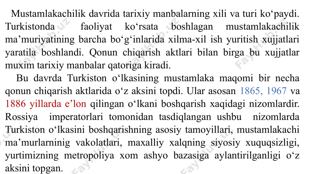 taraqqiy», «tujjor», «sadoiy turkiston», «sadoiy farg‘ona», «buxoroiy sharif» singari gazeta va jurnallar nashr etildi. masalan, rossiya «1897 yilgi rossiya imperiyasi axolisini umumiy ro‘yxatga olish» nomli statistik to‘plamida turkiston o‘lkasi axoli savodxonligi 2 foiz deb berilgan. bunda maxalliy axolini arab yozuvini bilishi e’tibora olinmagan. yuqorida ko‘rsatib o‘tilgan kamchiliklardan qa’tiy nazar, statistik manbalar turkiston o‘lkasining bu davrdagi ijtimoiy-iqtisodiy xayoti xususida eng ishonarli va keng ko‘lamli ma’lumotlar beruvchi muxim manbadir. esdaliklar va boshqa memuar manbalar. turkiston o‘lkasining tarixi o‘sha davrda yashab o‘tgan arboblarning esdaliklari, kundaliklari va maktublarida xam o‘z aksini topgan. rus zobiti v. tixmenevning «xiva xonligining zabt etilishi» rassom v. vereshchaginning «1868 yilda samarqanda» xamda fedchenko, logofet, xoroshxin, aminov kabi olim va sayyoxlarning xotiralarida chor rossiyasining xiva xonligi va buxoro amirligini bosib olish tafsilotlari, mustamlaka turkistonning siyosiy va iqtisodiy axvoli aks etgan. maxalliy mualliflar qalamiga mansub bo‘lgan esdaliklar xam e’tiborga loyiqdir. sovet davrida yurtimizda sodir bo‘lgan siyosiy ijtimoiy va iqtisodiy jarayonlar bu …