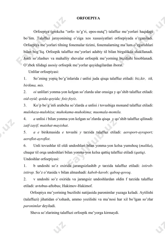 o’ziga moslashtirishi: ket-di-ketti, aytti, uch-so’m-usso’m, tuz-sin-tussin. dissimilyasiya- ikkita bir xil (o’xshash) tovushdan birining boshqa (noo’xshash) tovushga aylanishi: zarar-zaral; zarur-zaril, birorta-bironta; kissa-kista; koridor-kolidor. metateza -undosh tovushlarning o’rin almashish hodisasi: daryo-dayro; yomg’ir-yog’mir; tebratmoq-terbatmoq; yamlamoq-yalmamoq; tuproq-turpoq; o’rganmoq-o’granmoq; to’g’ramoq-to’rg’amoq. proteza- so’z boshida bir unlining orttirilishi: ro’mol-o’ramol; stol-istol; shtraf-ishtaraf. epenteza-ikki undosh yonma-yon kelganda ular orasida talaffuzda i yoki u orttiriladi: fikr-fikir; hukm-hukum. prokopa-so’z boshida undoshning tushishi: yiroq-iroq; yigina-igna; yag’och-ag’och. sinkopa-unlilarning qisqa talaffuz etilishi: direktor-direktir. apakopa-o’zak oxiridagi tovush tushishi: do’st-do’s; xursand-xursan. eliziya-unli bilan tugagan va unli bilan boshlangan ikki so’zning qo’shilishi natijasida tovushlardan birining tushishi: bora oladi-boroladi; qora ot-qorot; borar ekan-borarkan. tovush moslashuvi: bir tovush boshqa tovushni o’ziga moslashtiradi: manba-mamba, shanba-shamba, yonbosh-yombosh, sunbula-sumbula, tanbur-tambur. orfografiya orfografiya (yunoncha orthos “to’g’ri”, grapo - “yozaman”) so’zlaridan olingan bo’lib, to’g’ri yozish yoki imlo qoidalari haqidagi bo’lim. adabiy til ma’lum me’yorlarga ega ekanligi bilan shevalardan ajralib turadi. orfografik me’yorlar yozma nutqning xususiyatlarini ochib beradi. orfografiya so’zlarning, qo’shma so’zlarning yozilishi, bosh harflar …