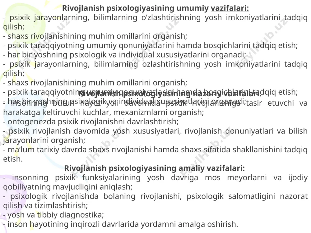 kiradi va ular sinash, tekshirish, diagnoz (aniqlash) va prognoz (oldindan belgilash) vazifalarini bajaradi. 1.3.ilmiy tadqiqot metodlarining uchinchi guruhi natijalarni qayta ishlashga mo‘ljallangan bo‘lib, ular statistik (miqdor) va psixologik (sifat) tahlil turlariga bo‘linadi. psixologik-pedagogik tadqiqotlarda ko‘pincha quyidagi statistik metodlardan foydalaniladi. 1.4. ilmiy tadqiqot metodlarining to‘rtinchisi - sharhlash guruhi genetik va donalash metodlaridan iboratdir. 2.2. umumiy ilmiy metodlar. ontogenez psixologiyasi o‘ziga xos moslashtirilgan umumiy ilmiy va umumpsixologik metodlardan ham foydalanadi. psixika va ruhiy jarayonlardagi yoshga bog‘liq o‘zgarishlarni o‘rganish uchun эng mos bo‘lgan metodlarga urg‘u beriladi. ular umumiy ilmiy metodlardir. umumiy ilmiy metodlar boshqa ko‘plab ilmiy fanlarda qo‘llaniladigan metodlarning maxsus modifikatsiyasidir. 2.1. modellashtirish. modellashtirish - muayyan ruhiy voqelikning (holat, kayfiyat va hokazolarning) modellash usuli psixologiyada o‘rganilayotgan shaxs psixikasi, muayyan vaziyatlarda va muayyan sharoitlarda uning xulq-atvor xususiyatlari hamda ularga bo‘lgan reaksiyalari haqida aniqroq ma’lumotlar olish maqsadida qo‘llaniladi. 2.2. psixofiziologik metodlar. 2.3. psixogenetik metodlar. 2.4. tarixiy metod. 2.rivojlanish psixologiyasi fanining fanlar tizimida tutgan o’rni. pedagogika …