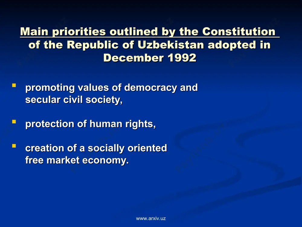 of uzbekistan adopted in december 1992 promoting values of democracy and secular civil society, protection of human rights, creation of a socially oriented free market economy. www.arxiv.uz www.arxiv.uz * the tasks of paramount importance creation of the political, legal and constitutional foundations of a new state system; consolidation of a new system of economic and social relations; reform of state bodies, both central and local; change people’s mentality, strengthen the values of democracy in their mind, statute obedience, to achieve the reign of laws www.arxiv.uz www.arxiv.uz * difficult starting conditions of uzbekistan for implementation of reforms: industries were primarily oriented to provide raw materials and intermediate products which were concentrated in cities, while rural areas accounted for more than 60% of uzbekistan’s population; the share of small businesses in gdp in 1991 was only 1%; growing of the only one agricultural crop - cotton, which accounted for 75% of arable …