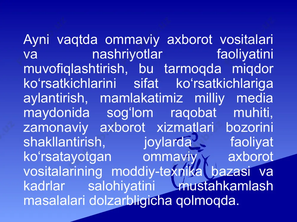 ri shaxsan o'zi qo'llab-quvvatlamoqda. 2020-yil 27-iyun kuni nishonlanadigan matbuot va ommaviy axborot vositalari xodimlari kuni munosabati bilan tabrigi davlat rahbari matbuot xizmatitomonidan e'lon qilindi."eng asosiysi, ommaviy axborot vositalari mamlakatimizda amalga oshirilayotgan keng ko'lamli o'zgarish va yangilanish jarayonlarini har tomonlama tahlil qilib,joylardagi ijtimoiy muammolar, xato va kamchiliklarga davlat idoralariva jamoatchilik e'tiborini qaratmoqda", - deya qayd etildi tabriknomada. shavkat mirziyeyov bo'lg'usi jurnalistlar chuqur bilim va kasb mahoratini, ona tili bilan birga chet tillarni, faol fuqarolik pozitsiyasini, axborot-kommunikatsiya texnologiyalari, notiqlik malakasini puxta egallashlariga alohida e'tibor qaratishi kerakligini bildirdi. xabarda aytilishicha, agar yuqori malakali kadrlar tayyorlashda "xalqimizning boy ma'naviy merosiga tayansak", bu ish yanada samaraliroq bo'ladi. jadidlar merosi, shu jumladan bu yil 145 yillik tavallud sanasi keng nishonlanayotgan ulug' alloma va publitsist mahmudxo'ja behbudiyning milliy jurnalistika maktabi ayniqsa muhim ahamiyatga ega. hozirgi kunga kelib o'zbekistonda ko'pchilikning e'tiborini o'ziga jalb qiluvchi muammoning yoki voqeaning xabari matbuotda chiqqanidan so'ng omma ichida qanday ijtimoiy rezonans yaratganini talqin …