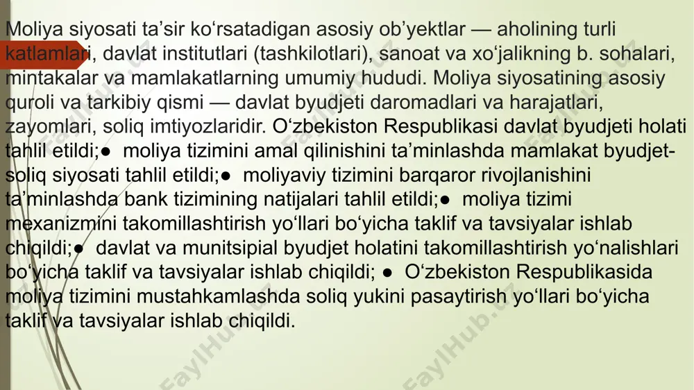 vazifalarini aniqlaydigan boshqa bir qancha masalalar hamon munozaraligicha qolmoqda. buning ustiga, moliyaviy siyosatdan faqat davlatning funksiyalarini bajarish vositasi sifatida foydalanish davlat hokimiyat organlari, mahalliy o‘z-o‘zini boshqarish organlari bilan moliya tizimining boshqa sub’ektlari, ya’ni aynan mamlakatning aholisi va xo‘jalik yurituvchi sub’ektlari manfaatlari o‘rtasida qarama-qarshiliklarni keltirib chiqadi. misol uchun, ko‘plab mutaxassislar, shu jumladan, davlat hokimiyat organlarining vakillari tomonidan amaldagi soliq mexanizmining samarasiz ekanligi, biznesning ayrim sohalari uchun esa uning oqibati juda yomon natijalarga olib kelishi mumkinligi ilmiy va amaliy jihatdan asoslansa-yu, moliyaviy siyosat uzoq vaqt davomida o'zgarmasdan qolaversa, amalga oshiriladigan soliq islohotlari uning mohiyatini o‘zgartirmasa, bunday holda davlatning moliyaviy siyosati davlat hokimiyatining tegishii organlari tomonidan faol ravishda hayotga tadbiq etilayotgan alohida shaxslar guruhining moliyaviy siyosatiga aylanib qoladi. yuqoridagilardan quyidagi uchta mantiqiy xulosa kelib chiqadi: •birinchidan, moliyaviy siyosat faqat o‘z manfaatlarini ko‘zda tutadigan hokimiyat organlarining u yoki bu maqsadlarga erishishi vositasi emas, balki jamiyatning ijtimoiy-iqtisodiy vazifalarini yechish vositasi bo‘lishi kerak; •ikkinchidan, davlatning moliyaviy …