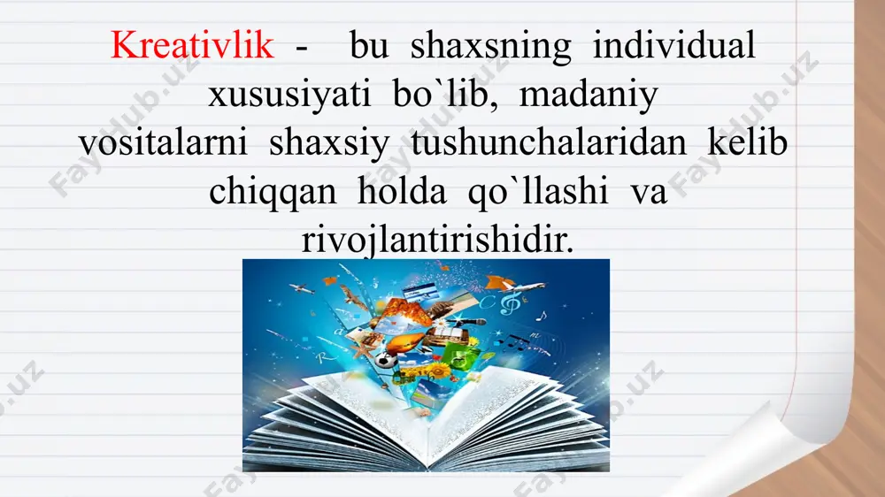 masalasiga bevosita murojaat etgan pedagog olim pedagogika fanlari doktori, professor r.a.mavlonova o`zining ilmiy ishlarida kreativlik haqida baholi qudrat fikrlar bildirgan. uning «boshlang`ich ta`limda innovatsiya», «boshlang`ich ta`lim pedagogikasi, integratsiyasi, innovatsiyasi» nomli o`quv qo`llanma va darsliklarida kreativlikka alohida to`xtab o`tgan. odam bolasining rivojlanishi – bu muhim jarayon sanaladi. ma`lumki, hayoti davomida inson jismoniy va ruhiy tomondan o`zgarib boradi. lekin bolalik, o`smirlik va o`spirimlik davrida rivojlanish nihoyatda kuchli bo`ladi. bola mana shu yillarda ham jismoniy, ham ruhiy jihatdan o`sishi, o`zgarishi tufayli shaxs sifatida kamolga etadi, bunda berilayotgan tarbiya maqsadga muvofiq ta`sir etishi natijasida bola jamiyat a`zosi sifatida kamol topib, murakkab ijtimoiy munosabatlar tizimida o`ziga munosib o`rin egallaydi. e`tboringiz uchun rahmat. image2.jpeg image3.jpg image4.jpg image5.jpg image6.jpg image7.png image8.jpeg image9.jpeg image10.jpg image11.jpg image12.jpeg image13.jpg image1.jpg /docprops/thumbnail.jpeg