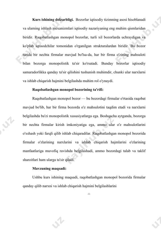 li bozor) — bu bozor tuzilmasi bo‘lib, unda bir nechta firma o‘z mahsulotlarini ishlab chiqaradi va sotadi, lekin har bir firma o‘z mahsulotini raqobatchilarining mahsulotlaridan farqli qilib taqdim etadi. bunday bozor tuzilmasi monopolistik (ya'ni, har bir firma o‘z mahsulotini o‘ziga xos, differensiyalangan tarzda ishlab chiqaradi) va raqobat mavjud bo‘lgan (bir nechta firma faoliyat yuritadi) bozorlarni birlashtiradi. bu bozor turida firmalar o‘rtasida raqobat mavjud, lekin ular bozordagi yagona monopolist emaslar. raqobatlashgan monopol bozorining asosiy xususiyatlari: mahsulot differensiyasi: har bir firma o‘z mahsulotini raqobatchilarining mahsulotlaridan farqlashga harakat qiladi. bu farq sifat, brend, dizayn, qo‘shimcha xizmatlar yoki boshqa xususiyatlarda bo‘lishi mumkin. mahsulotning bu differensiyasi, iste'molchilarga tanlash imkoniyatini beradi va har bir firma o‘zining narx va marketing strategiyalarini ishlab chiqish imkoniyatiga ega bo‘ladi. bir nechta firma: raqobatlashgan monopol bozorida ko‘plab firmalar faoliyat yuritadi. har bir firma o‘z mahsuloti yoki xizmatiga bo‘lgan talabni shakllantirishga harakat qiladi va bu jarayonda o‘z raqobatchilarini -3- hisobga oladi. erkin …
