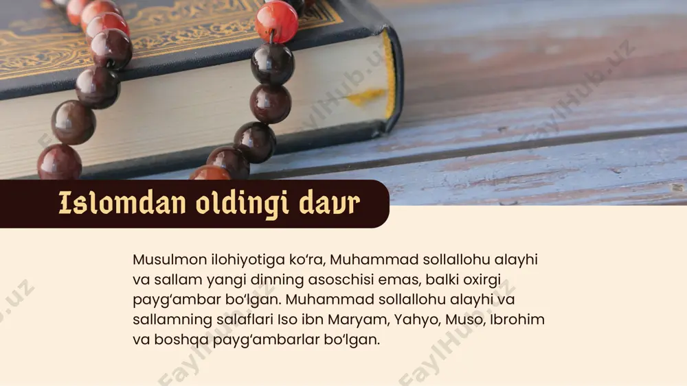 n (r.a.) — 644–656 yillar shaxsiyati: muhammad (s.a.v.)ning ikki qizi bilan nikohlangan: unga "zunnurayn" (ikki nur sohibi) unvoni berilgan. juda saxiy va halim inson bo‘lgan. xalifalik davri asosiy voqealari: qur’onning yagona nusxasi: turli shevalar bilan o‘qilayotgan qur’onlarni birlashtirib, usmoniy mushafini t uzdirgan v a butun musulmon dunyosiga tarqatgan. hududlar kengaydi: afrika, kavkaz, markaziy osiyo chegaralarigacha yetildi. ichki noroziliklar: boshqaruvda qarindoshlariga ko‘p lavozimlar bergani tanqid qilindi. ba’zi viloyatlarda fitna avj oldi. vafoti: qur’on o‘qib o‘tirganida fitnachilar tomonidan o‘z uyida shahid qilingan. reciting the quran usmonibn affon ali ibn abu tolibali ibn abu tolib (r.a.) — 656–661 yillar shaxsiyati: muhammad (s.a.v.)ning amakivachchasi va kuyovi. ilm, jasorat va taqvo timsoli. "ilm shahri va ali uning eshigi" deyiladi. xalifalik davri asosiy voqealari: ichki urushlar: jamal jangi: ali (r.a.)ga qarshi aisha (r.a.), talha va zubayr qo‘shin olib chiqishdi, lekin tushunmovchilik asosida yuz bergan. siffin jangi: muoviya bilan bo‘lib, hakamlik mojarosi kelib chiqqan. xavorij (ajralib chiqqan …