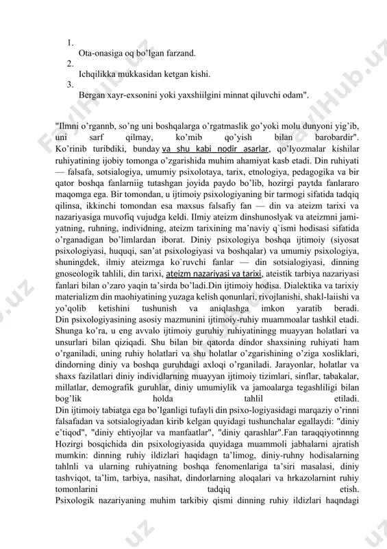 bunday holatning tushunmaslik — ateistik faoliyat kuchsizligining bosh sababidir. endi jamoani ijtimoiy-ruhiy feomen sifatida va islom ai’analariningg saqlanishida jamoa ongi va axloqi ko’nnkmalari rolinn ko’rib chiqaylik. disqatni jamoa milliy-ruhiy munosabatlariga qaratmay turib ko`pgnna diniy aqidalar, rasm-rusmlar, an’analar va azolarning yashovchanligini tushunish qpyin. an’anaviy umumlashma sifatida jamoa uchun hamkorlpk individning birikish munosabatlariga kirishi xosdir. hamkorlik indnvidnpng "butun" va "umumiy" bo’lgan jamoga psixik bo’ysunishining talab qiluvchi axloqiy qadr-qimmatlarning biridir . jamoa indlvidga umr mlashnshning zarur shaklinn beradik. jaxonga xos bo’lgan nndnvid hayoti asosnni tashkil etuvchi axloqiy normalar uning erkin va ongiga bog’liq bo’lmagan holda ajdodlar vasiyatlari, diniy intizomlar bnlan bog’lanadn. boz ustiga, bu axloqiy normalar, an’ana va udumlarning bo`zilishiga nisbatan jazo — ta’qiblarinng muqarrarligi oldida qo’rqinchning qatiy ichki nazorati va ta’siri mavjuddir. jamoa, agar jamsa a’zolarini tarbiyalash xususiy diniy asogda olib borilsa, guruhiy xudbinlikdan jabrlanishi mumkin. urf-odatlar ijtimoiy faoliyatning boshqaruvchisi sifatida jamoaning o’ziga xos ijtimoiy-ruhiy tomonlarini annqlovchya ommaviy ahlokning ko’nikma shakllaridir. aytish …