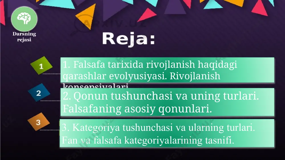 ihatlar yordamida farqlash mumkin: 1) vaqtda aniq yo‘nalishga egalik – o‘tmishdan hozirgi davr orqali kelajakka qaratilganlik; 2) jarayonning ortga qaytmasligi, ya’ni o‘zgaruvchi real narsalar, hodisalar o‘z individual jihatlarida betakrordir; 3) rivojlanish jarayonida yangi, ya’ni ilgari mavjud bo‘lmagan narsaning paydo bo‘lishi; 4) rivojlanishning qonuniy xususiyati, u muayyan qonunlarga bo‘ysunishi. rivojlanishning dialektik konsepsiyasi quyidagi jihatlarga alohida e’tiborni qaratadi: birinchidan, rivojlanishning manbai narsalar, hodisalar va jarayonlarning ichki ziddiyatlaridir. bu borliqning barcha hodisalariga ichki qarama-qarshiliklar xos ekanligini anglatadi. bu qarama-qarshiliklar o‘rtasidagi munosabatlar ziddiyatlar deb ataladi. har bir predmet, hodisa, jarayon doirasida qarama-qarshiliklarning birligi va qarshi harakati kuzatiladi. u hamma joyda: jonsiz tabiatda ham, jonli tabiatda ham, ijtimoiy hayotda ham, ong sohasida ham yuz beradi. chunki borliqning umumiy qonuni – dialektik ziddiyatlilik qonuni amal qiladi. ikkinchidan, miqdor va sifat o‘zgarishlarining bir-biriga o‘tishi rivojlanishning shakli hisoblanadi. tabiat, jamiyat va tafakkurda yuz beruvchi jarayonlar tahlili har bir narsa, hodisa, jarayonga bir-biri bilan uzviy aloqa qiluvchi va muttasil …