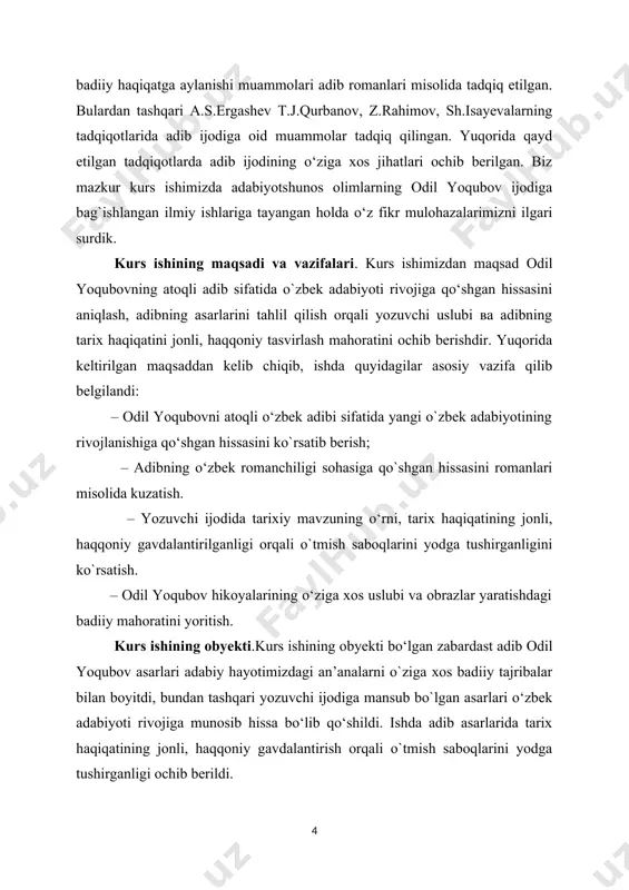 ularga o‘zimizning ham mulohazalarimizni bildirishga harakat qildik. roman qahramonlarini o‘zidan oldingi yozilgan asarlar bilan taqqoslab, bir- biriga o‘xshash va farqli tomonlarini yoritishga urindik. roman yozilgan davrni va asardagi obrazlar yashagan payt, u vaqtdagi ijtimoiy-siyosiy, adabiy badiiy jarayonlar haqida batafsilroq to‘xtalishga harakat qildik. yozuvchi qalamga olgan davr siyosatining kamchiliklarini, mustamlaka tuzum oqibatlarini, millatimizga xos ijobiy va salbiy jihatlarga to‘xtalib o‘tdik. asarning xalq og‘zaki ijodi na’munalariga o‘xshashi va bunday deyilishining sabablari nimada ekaniga to‘xtalib o‘tdik. uni ilmiy , ham asar tahlili jarayonida asoslab berishga harakat qildik. asarlar syujeti haqida, syujetning qismlarga bo‘linishi, hamma ijodkorlarga xos umumiy jihatlardan qaysi biridan foydalanilganligi haqida ma’lumotlar berdik va uni ilmiy asoslashga harakat qildik. yozuvchi ijodidagi o‘ziga xoslik, asarlardagi g‘oyaning mushtarakligi, romanlaridagi obrazlari yangiligi xususida mulohaza yuritdik. kurs ishining tuzilishi: kurs ishi kirish, ikki bob, xulosa va foydalanilgan adabiyotlar ro‘yxatidan iborat. i bob. odil yoqubovning hayoti va ijodiy faoliyati. 1.1.odil yoqubov zamonaviy o‘zbek nasrining yirik namoyandasi. adibning …