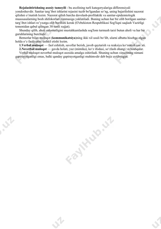 sh 4. tayyor sog'lom turmush tarzini targib qilish bo'limi. sanitariya maorifining usul va vositalalari. sanitariya maorifini o’tkazish vaqtida quyidagi usullar qo’llaniladi. 1. og’zaki tashkilot 2. yozma tashkilot 3. ko’rgazmali tashkilot 4. ommaviy axborot ogzaki tashviqot usuli sanitariya maorifining keng yoyilgan va mashxur usulidan biridir.ushbu usulga kiradi: ma'ruzalar, suxbatlar, savol va javoblar kechasi, radio orqali o'qish, ovoz yozish, plyonkalar va plastinkaga tushirilganlarni namoyish qilish.. ma’ruza - og’zaki tashkilotlarning keng yoyilgan usuli. ma'ruza, suhbatga tayyorgarlik ko’rishda avval reja tuzilishi, unda qisqacha hamda qiziqarli mazmunining yozilishi va kerakli o’quv vositalari bo'lishi kerak. tezislar - ma'ruzaning asosiy bo'limlarining qisqacha mazmuni. og’zaki tashkilotlarning yeng foydali vositalaridan biri suhbatdir.suhbat eshituvchilar bilan muloqot qilishni yengillashtiradi, materiallarni o’zlashtirish xususiyatlari hisobga olishga imkon yaratadi.suhbat o’tkazish uchun eng avval yig’ilganlarning bilim darajasi ushbu tema bo'yicha bir xil bo'lishi lozim. bunda yig’ilganlar soni 25-30 tadan oshmasligi kerak. savol va javob kechasi - bu ham suhbatning bir turi bo'lib, bu usul qo’llanganda …