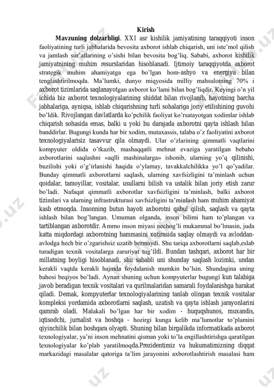 ikda informatikada axborot texnologiyalar, ya‘ni inson mehnatini qisman yoki to‘la engillashtirishga qaratilgan texnologiyalar ko‘plab yaratilmoqda.prezidentimiz va hukumatimizning diqqat markazidagi masalalar qatoriga ta‘lim jarayonini axborotlashtirish masalasi ham kirib, ushbu masalani hal etish bo‘yicha qator qonunlar va qarorlar qabul qilindi. bu qonun va qarorlarning asosini o‘quv jarayoniga yangi axborot-kommunikatsiya va pedagogik texnologiyalarni, elektron darsliklar hamda multimediya vositalarini keng joriy etish, zamonaviy axborot-kommunikatsiya texnologiyalarini yaxshi biladigan va o‘z kasbiy faoliyatida ulardan samarali foydalanadigan yuqori malakali, axboriy madaniyatga ega mutaxassislarni tayyorlash tashkil etadi. hech kimga sir emas, bugungi bozor iqtisodiyotiga o‘tilayotgan dorilomon zamonda jamiyatimiz taraqqiyoti xalq xo‘jaligining har sohasiga yangidan-yangi texnologiyalarni, jumladan yangi axborot-kommunikatsiya texnologiyalarini jalb qilishni ta‘qoza etmoqda.oxirgi paytda kompyuter tizimlarining turli sohalarda va keng ko‘lamda ishlatilishi hamda axborotlashtirishning jadal tarakkiy etishi axborot xavfsizligi muammosini keltirib chiqarmoqda. xavfsizlik muammosi har qanday tizim uchun uning murakkabligi, tabiatidan qat‘i nazar birlamchi vazifa hisoblanadi. tez rivojlanib borayotgan kompyuter axborot texnologiyalari bizning kundalik xayotimizning barcha jabxalarida sezilarli …