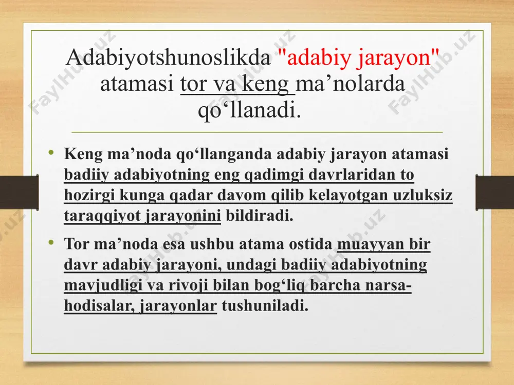 s payt tasvir etiladi. 8. klassitsizm vakillari asarlarining muhim xususiyatlaridan biri syujet va tilining soddaligidir. (qahramonlar oldida faqat bitta muammo turadi va butun asar davomida shu muammoni echishga e’tibor qaratiladi) sentimentalizm sentimentalizm (frans. sentiment — his-tuygʻu) xviii asrning ikkinchi yarmi –xix asr boshida yevropa va aqsh adabiyoti va sanʼatidagi adabiy oqim. sentimentalizmda hissiyot yaxshilik va yomonlikni belgilovchi, insonning qadr-qimmatini aniqlovchi asosiy meʼyor sifatida talqin qilinadi. sentimentalizm adabiyot tarixida klassitsizm o’rniga sentimentalizm ijodiy usuli keldi. xviii asr o'rtalarida angliyada burjuaziya bilan aristokratiya orasida ziddiyatlar nihoyatda kuchaygan bir sharoitda feodalizmga qarshi kurashish maqsadida sentimentalizm ijodiy usuli maydonga keldi. bu kurash adabiyotda sentimentalizmning klassitsizmdagi toifaviy cheklanganlikka qarshi isyoni ko'rinishida yuzaga chiqdi. sentimentalizm klassitsizmning yuksak janrlarida oliy ijtimoiy doiralar hayotini aks ettirish zarurligi haqidagi talabiga qarama-qarshi o'laroq, oddiy kishilarning kundalik maishiy turmushini tasvirlashga da’vat etar edi. sentimentalizmda favqulodda tarixiy hodisalar o’rnini insonning xususiy, shaxsiy hayoti oladi. agar klassitsizm vakillari kishilarning ichki dunyosiga yetarlicha e’tibor …