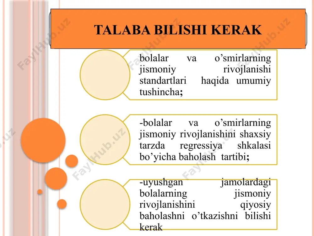 s shtangentsirkul yordamida o’lchanib, santimetrlar (sm) da ifodalanadi. mushaklarning rivojlanganligi mushak to‘qimalari va ularning tarangligi bilan baholash mushaklarning rivojlanganligi dinamometriya usuli bilan baholanib, ularga umumiy baho ballar bo'yicha (1,2,3) beriladi. teri osti yog’ qatlamini nafaqat ushlab ko'rib, uni sirg’aluvchi sirkul yordamida o'lchab ko'rish mumkin. qo'lning mushak kuchini aniqlash qo'lning mushak kuchi mushaklar rivojlanish darajasini belgilaydi va qo'l dinamometri yordamida o'lchanadi. bunda tekshiriluvchi tik turib qo'lini yon tomonga keng yoyadi va kaftlarida dinamometrni bor kuchi bilan (max) sig’adi. tekshiriluv 2-3 marta o'tkaziladi va eng katta ko'rsatkich kilogrammlarda yozib olinadi. 3.somatoskopik ko’rsatkichlar somatoskopiya tadqiqotlari kunduzgi yorug’lik paytida, xona harorati kamida 18-20 darajada issiq bo'lganda o'tkaziladi. somatoskopiya jarayonida gavda, ko'krak qafasining, qorinning, qo’l va oyoqlarning shakli, yog’ bosish darajasi, mushaklar va suyak tizimlari rivojining xususiyatlari aniqlanadi. somatoskopiya usuli bolalar va o'smirlarning tana tuzilishi turini hamda konstitutsiyasini aniqlashga imkon beradi. skoliozometr charm obruch va unga biriktirilgan yukli santimetrli lentadan iborat. shundan so'ng u tik …