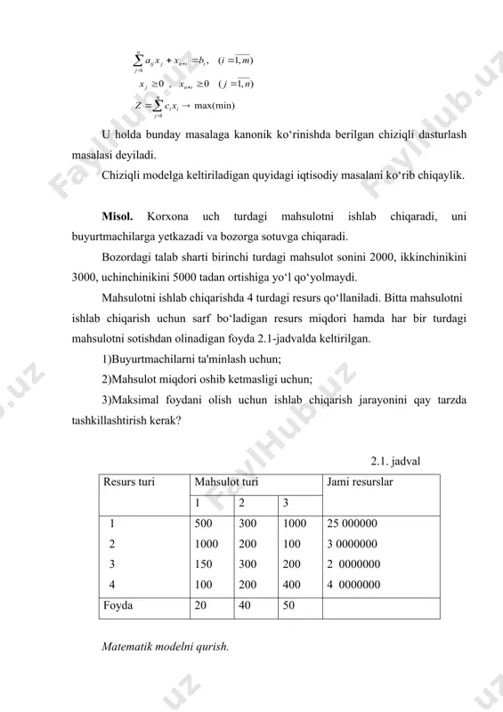 yda p harfi bilan belgilangan. uni maksimallashtirish kerak. bilan belgilangan har bir qo‘shiluvchi berilgan turdagi mahsulotni ishlab chiqarishdan olingan foydani anglatadi. cheklanishlar hamda maqsad funksiyasi bosh o‘zgaruvchilar bo‘yicha chiziqli, bundan kelib chiqadiki berilgan model chiziqlidir. 2.ishlab chiqarishni rejalashtirishning matematik modeli korxona tayyor mahsulot ishlab chiqarish uchun m-xil resurslarga ega bo‘lsin. har bir resursning hajmi ma'lum bo‘lib, bir birlik mahsulotga ketadigan mos resursning normasi ham aniq deylik. ayrim ishlab chiqariladigan mahsulotlarga talab ham aniq va ularning bir birligi uchun oladigan daromadi ham berilgan. resurslarning cheklanganligini hisobga olgan holda, har bir ishlab chiqariladigan mahsulotning hajmini aniqlash kerak. quyidagi belgilashlarni kiritamiz: j-resurs nomeri; m-resurslar soni; i -ishlab chiqariladigan mahsulot nomeri; n -ishlab chiqariladigan mahsulot soni; ai -i-chi resursning hajmi; aij -bir birlik j-chi mahsulotga i -chi resursdan ketadigan norma; bj -j-chi mahsulotga bo‘lgan boshqa korxonalar talabi; cj -har qaysi ishlab chiqarishdan keladigan iqtisodiy foyda; xj - har bir ishlab chiqiladigan mahsulot hajmi. ishlab …