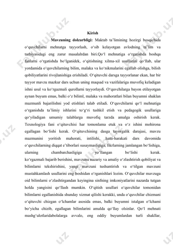 qsa, bоlаlаrni аqliy va axloqiy, estetik va jismoniy jihatdan o‘stirishdа qo‘l mеhnаti ta’limining rоli ko‘p qirrаlidir. kurs ishining maqsadi. o‘quvchilarga ip va gazlama mavzusini o‘qitish metodikasiga oid ilmiy ma’lumotlarni chuqur tahlil qilish, uning xususiyatlarini tushuntirish, tahlilida hayot bilan naqadar chambarchas aloqasini bayon etish. kurs ishining obyekti. o‘quvchilarga ip va gazlama mavzusini o‘qitish metodikasi kurs ishining vazifalari. gazlama bilan ishlash darslarini tashkil etish metodikasi. gazlamalarga ishlov berish texnologiyasiga doir dars materiallarini pedagogik-psixologik va uslubiy xususiyatlari. o’quvchilarga ip gazlamalarga ishlov beruvchi asbob iuskunalar bilan tanishtirish ko’nikmalar hosil qilish. kurs ishining nazariy va amaliy ahamiyati. kurs ishida bayon etilgan ilmiy-nazariy xulosalardan oliy o‘quv yurtlarining talabalari, o‘rta maxsus ta’lim tizimi uchun maxsuskurslar va seminarlarda foydalanish mumkin. kurs ishi tuzilishi: bajarilgan kurs ishi kirish qismi, ikkita bobdan va qilingan xulosalardan iborat. ishda o’rganilishi e’tiborga olingan ma’lumotlar tushunarli ravishda ifodalash uchun chizma jadvallar va rasmlar berildi.ishga qo’yilgan maqsadga erishishi uchun to’plangan adabiyotlar manbalarning nomlari va elektron …