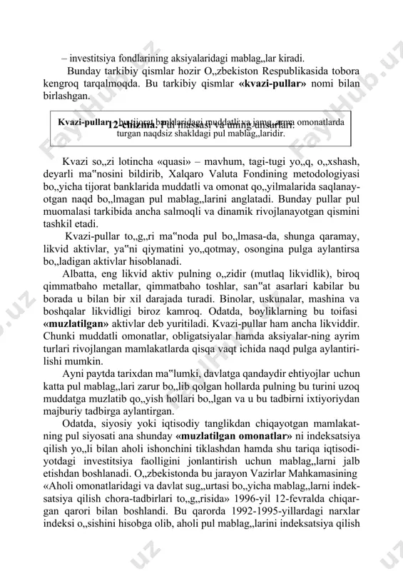rik miqdordagi muddatli omonatlar. buni quyidagi chizma yordamida izohlash mumkin (14 -chizma). bizning mamlakatimizda pul massasining quyidagi tarkibi qabul qilingan (13-chizma). ì1 ì2 ì3muddatli omonatlar 100 muddatsiz omonatlar 200 uzoq muddatli omonatlar 160 naqd pullar 42 a2=10% a3=5% minimal zaxiralar 40+10+8=58 pul bazasi 100 13-chizma. pul agregatlari nisbati.a1=20% pul naqd pul schyotdagi omonatlar (so) ì0 chekli jamg„arma hisobva- raqlardagi omonatlar ì1 mayda muddatli omonatlar (160 ming dollargacha) ì2 ì3 yirik miqdordagi muddatli omonatlar (100 ming dollardan ortiq) 14- chizma. pul agregatlarining tarkibiy qismlari. m0 = naqd pullar, ya‟ni muomaladagi metall va qog„oz pullar m1 = m0 + tegishli hisob varaq- lardagi pul qoldiqlari + mahalliy budjet mablag„lari + byudjet, jamoat va boshqa tashkilot- larning mablag„lari m2 = m1 + banklardagi muddatli omonatlar m3 = m2 + chiqarilayotgan sertifikatlar + aniq maq- sadli zayom obligatsiyalari + davlat zayom obligatsi yalari + xazina majburi- yatlari 15- chizma. pul agregatlarining tarkibiy qismlari. [49]. …