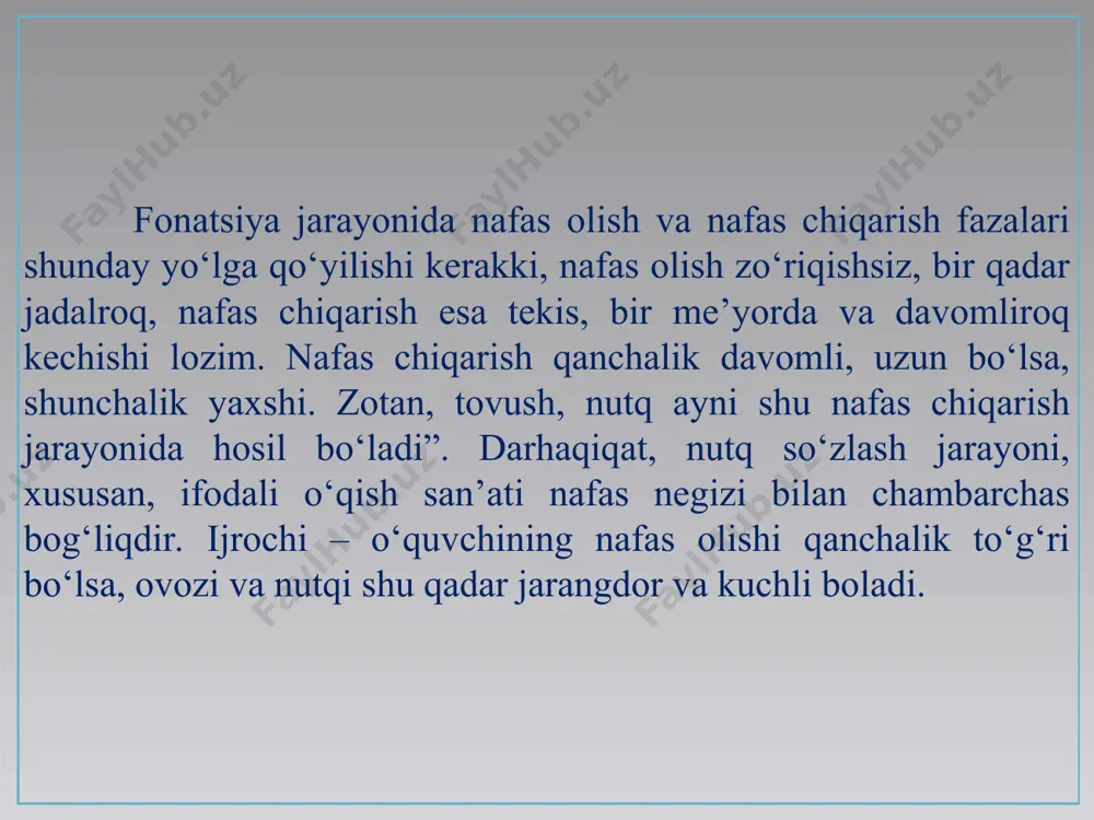 blanadi. shunday ekan, ovozning yoqimli yoki yoqimsizligi bizning ixtiyorimizda bo‘lmagan hodisadir. lekin ovozni o ‘miga qo‘yish, shakllantirish va uning sohibi bo‘lish – inson ixtiyoridadir. ovoz inson oliy asab tizimining mahsuli bo‘lib, uning manbai tomoqda joylashgan tovush paychalaridir. bu paychalar juda harakatchan, sezgir shilliq pardalardan iborat. ovoz paychalari inson gavdasiga nisbatan gorizontal holda joylashgan bo‘lib, ikkita yarim shardan iboratdir. bu yarim sharlaming yoy qismi hiqildoq devorlariga yopishgan o‘rtasi esa uzunasiga ochiq bo‘ladi. ovoz yo‘li. paychalardan iborat bo‘lgan tovush chiqadigan bo‘shliq ovoz yo‘li deyiladi. ovoz yo‘li tomoqning tovush paychalaridan yuqori qismi, og‘iz bo‘shlig‘i va burun bo‘shlig‘idan iborat. ovoz yo‘lining toza, sog‘lom bo‘lishi ovozning ohangdor, jarangli va ta’sirchan bo‘lishini ta’minlaydi. qaytarg‘ichlar. qaytarg‘ichlar inson organizmidagi qattiq qismlardan iborat bo‘lib, ular rezonatorlar deb ham yuritiladi. inson vujudidagi qaytarg‘ichlar jumlasiga tish, jag‘, tog‘ayning kemirchaklari, burun tog‘aylari, bosh suyagi, ko‘krak qafasi suyaklari va yelka kuraklan kiradi. paychalarda bo‘lgan tovush ovoz yo‘li orqali o‘tadi, o‘tish paytida ana shu …