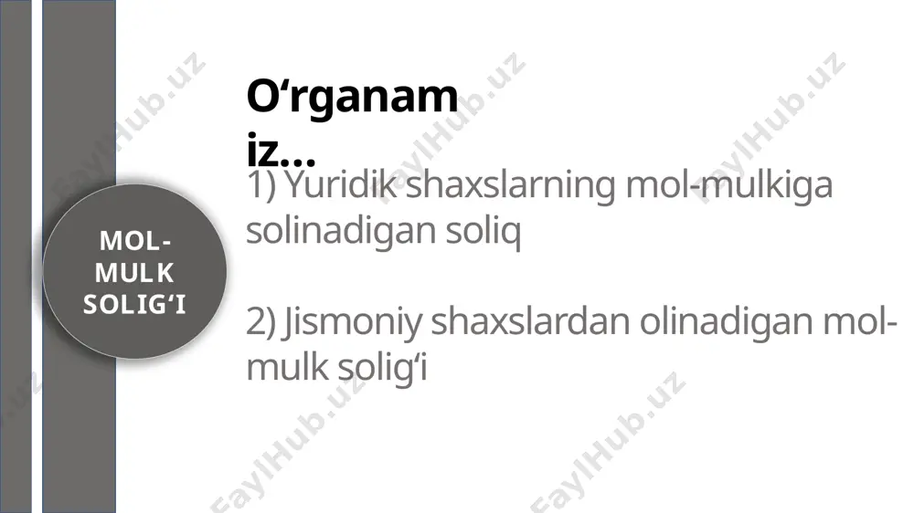 tlari soliq solish ob’yekti hisoblanmaydi 2) uy-joy-kommunal хoʻjaligining va belgilangan maqsadi boʻyicha foydalaniladigan boshqa umumfuqaroviy ahamiyatga molik shahar хoʻjaligi ob’yektlari. 3) umumiy foydalanishdagi avtomobil yoʻllari; quyidagi koʻchmas mulk ob’yektlari soliq solish ob’yekti hisoblanmaydi 4) sugʻorish va kollektor-drenaj tarmoqlari; 5) soliq toʻlovchining balansida boʻlgan hamda tadbirkorlik faoliyatida foydalanilmayotgan, fuqaro muhofazasi va safarbarlik ahamiyatiga molik ob’yektlar; 7) yer uchastkalari. 6) tabiatni muhofaza qilish va sanitariya-tozalash maqsadlari, yongʻin хavfsizligi uchun foydalaniladigan ob’yektlar. 1) ushbu kodeks 411-moddasi ikkinchi qismining 1 va 3-bandlarida nazarda tutilgan ob’yektlar boʻyicha - oʻrtacha yillik qoldiq qiymati. soliq bazasi yu. sh.lar mol-mulk soligʻi koʻchmas mulkning qoldiq qiymati ushbu mol-mulkning boshlangʻich (tiklanish) qiymati bilan soliq toʻlovchining hisob siyosatida belgilangan usullardan foydalanilgan holda hisoblab chiqilgan amortizatsiya miqdori oʻrtasidagi farq sifatida aniqlanadi. soliq solish ob’yektlarining oʻrtacha yillik qoldiq qiymati (oʻrtacha yillik qiymat) soliq davridagi har bir oyning oхirgi kunidagi holatga koʻra soliq solish ob’yektlarining qoldiq qiymatlarini (oʻrtacha yillik qiymatlarini) qoʻshishdan olingan summaning oʻn …