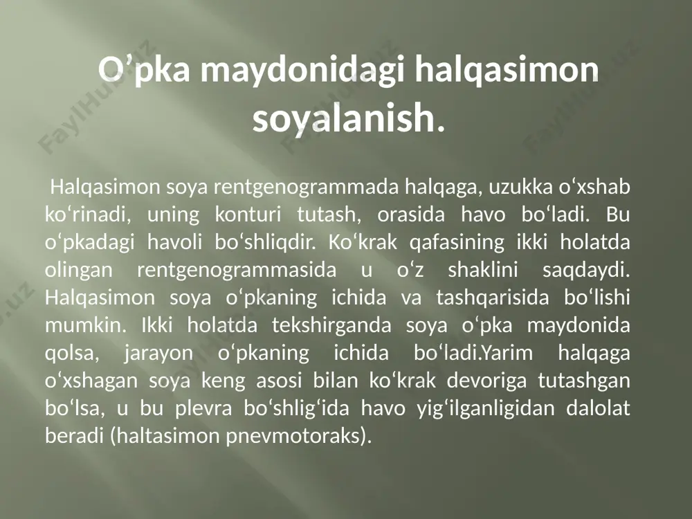 ya o‘pkada bir necha kista bo‘lganda (polikistoz), ko‘p kavernali sil va bronxoektatik kasallikda uchraydi.bronxoektazlar kattaligi bir xil halqasimon soya beradi, ular ko‘pincha o‘pka maydonining pastki qismida joylashib, shakli oval, diametri 1-2 sm bo‘ladi. polikistozda havoli bo‘shliq o‘pka maydonining har qanday joyida uchrab, 2 sm dan kattaroq bo‘lishi mumkin. silda halqasimon soyalar har xil bo‘ladi. havoli kista absess sil kavernasi ko’p sonli halqasimon soyalanish image2.png image3.png image4.png image5.png /docprops/thumbnail.jpeg