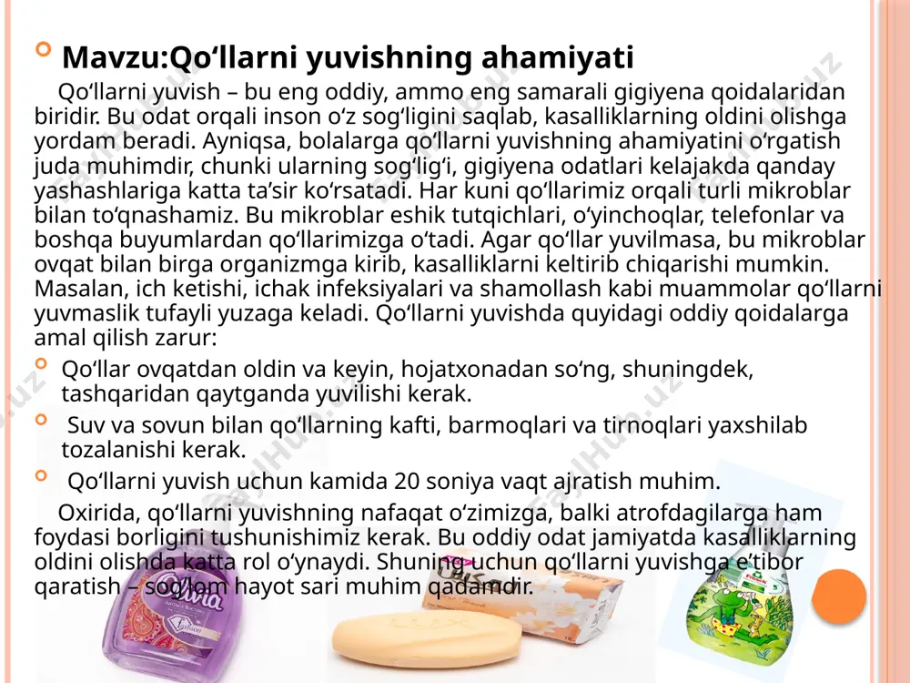 ko‘plab qiyinchiliklarni yengishga yordam beradi. kattalarga hurmatni quyidagi odatlar orqali ko‘rsatish mumkin: xushmuomalalik bilan gaplashish maslahatlarini tinglash yordam berish kattalarga hurmat ko‘rsatish nafaqat oilada, balki butun jamiyatda yaxshi muhit yaratishga yordam beradi. agar yoshlar kattalarni hurmat qilsa, bu o‘zaro mehr va ishonchni mustahkamlaydi. xulosa qilib aytganda, kattalarga hurmat qilish – bu bizning burchimizdir. kichik bir hurmat bilan biz nafaqat ularning ko‘nglini ko‘taramiz, balki o‘zimizga ham ulug‘vorlik va odob-axloqni singdiramiz. har bir inson o‘zidan kattalarni hurmat qilib, jamiyatda o‘rnak ko‘rsatishi kerak. huquqiy savodhonlik mavzu:vatanni sevish vatan – bu har bir inson uchun muqaddas va aziz tushuncha. u bizning tug‘ilib o‘sgan zaminimiz, ota-bobolarimiz merosi, kelajagimizning tayanchidir. vatanni sevish – bu faqat so‘zda emas, balki uni asrab-avaylash, rivojlanishiga o‘z hissamizni qo‘shish orqali namoyon bo‘ladigan yuksak fazilatdir. vatanparvarlik har bir insonning qalbida yashashi kerak. vatanni sevish oila va maktabdan boshlanadi. kichik yoshdan boshlab ona yurtimizning tarixi, madaniyati va an’analarini o‘rganish, unga hurmat va minnatdorchilik …
