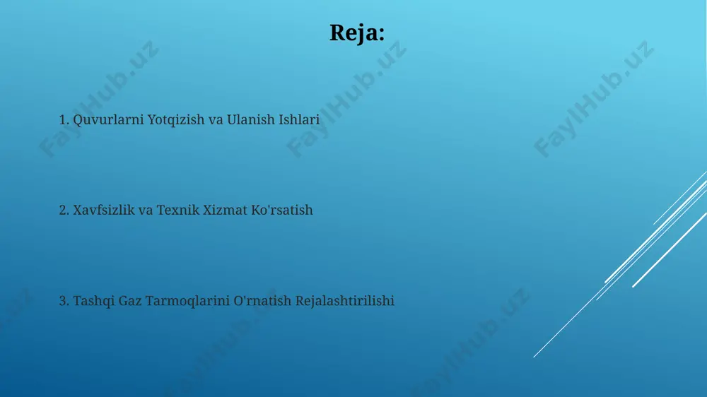 iqnoma, 2-bosqichda esa 15 kun ichida yakuniy ruxsatnoma olinadi. bu jarayon samarqand viloyati uchun ham o'xshash tarzda amalga oshiriladi. loyiha dokumentatsiyasi quyidagi standartlarga muvofiq bo'lishi kerak: o'zbekiston respublikasi davlat standartlari, gost 5457-2012 va snip 42-01-2002, shuningdek, 10 dan ortiq tegishli mintaqaviy me'yorlarga. gaz regulyatorlari va xavfsizlik tizimlari gaz tarmoqlarida ishlatiladigan favqulodda yopish moslamalari (klapanlar) 3 soniyadan kamroq vaqt ichida gaz ta'minotini to'liq to'xtatishga qodir bo'lib, andijon shahri kabi zich aholi punktlarida katta ahamiyatga ega. gaz regulyatorlarining turli xil modellari, masalan, 2-toifa regulyatorlar, bosimni 0,5 dan 5 bargacha aniq boshqarish imkonini beradi va toshkent shahridagi ko'pgina gaz ta'minoti tizimlarida qo'llaniladi. foydalanishga topshirish va texnik xizmat toshkent shahrida joylashgan gaz tarmoqlarini foydalanishga topshirishdan avval, 300 mm dan katta diametrli quvurlarni bosim sinovidan o‘tkazish majburiy hisoblanadi va bu jarayon 50 bar bosim bilan amalga oshiriladi. farg‘ona viloyati gaz tarmoqlari uchun texnik xizmat ko‘rsatish bo‘yicha 24/7 qo‘ng‘iroq markazi faoliyat yuritadi va o‘rtacha 12 soat …