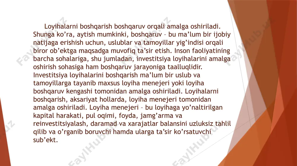 vazifalarni bajarishga qaratilgan bo’ladi: xo’jalik sub’ektining ishlab chiqarish salohiyati va iqtisodiy o’sishini ta’minlashga; nvestitsiya loyihasi, ob’ektining daromadliligini maksimallashtirish; investitsiya faoliyati, loyihasi risklarini minimallashtirish; investitsiya ob’ekti, loyihasining risk va daromadliligini hisobga olgan holda tahlil qilish, tanlash va baholash (yana bir bor). loyihalarni boshqarish loyihaning mohiyatiga ko’ra amal qilinishi maqsadga muvofiq sanaladi. bunda loyihaning quyidagi alohida belgilariga e’tiborni qaratish muhimdir: - bir qator texnik, iqtisodiy, ijtimoiy, moliyaviy va boshqa talablarning bir vaqtning o’zida bajarilishi bilan erishilishi zarur bo’lgan aniq maqsadlar; - loyihani amalga oshirish jarayonida muvofiqlashtirilishi talab etiluvchi vazifalar, operatsiyalar va resurslarning tashqi va ichki o’zaro bog’liqligi; - loyihaning boshlanish va yakunlanish muddatini aniqlash; - resurslarning cheklanganligi; - loyiha maqsadlarining betakrorlik darajasi va amalga oshirilish shartsharoitlarini aniqlash; - turli xil kelishmovchiliklardan qocha bilmaslik. ta’sir etishi kuchaygan omillar qatorida quyidagilarni keltirish mumkin: 1. buyurtmachilarning talablar va ularning mas’uliyati oshishi. 2. loyihalarning yakuniy mahsulotlarining xususiy murakkabligi. 3. loyihalarning tashqi atrof bilan o’zaro bog’liqligi va …
