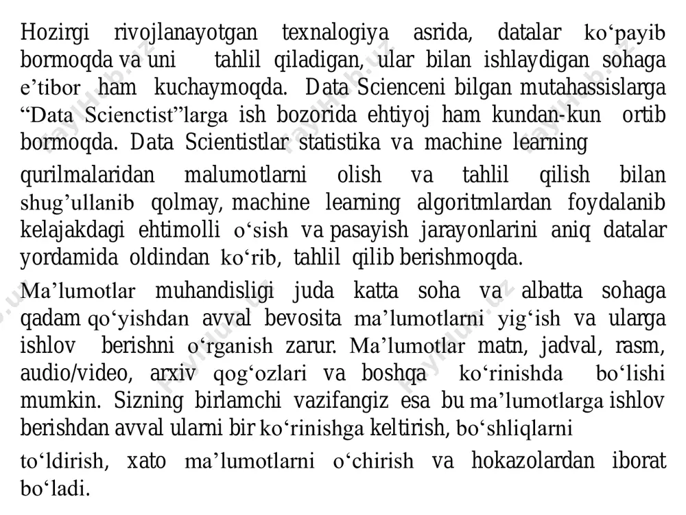 shiriladi. data science amalga oshirish jarayoni data science jarayon deb ataladi. big data ni tashkil topishi bevosita data science jarayonlari bilan bog`liq. data science jarayonlari 1.o‗rganish maqsadini belgilash 2. ma‘lumotlarni yig‘ish 3.ma‘lumotlarni o‗rganish 4.ma‘lumotlarni tayyorlash 5.ma‘lumotlarni modellashtirish 6.tasvirlash va avtomatlashtirish mrp material requirements planning – керакли материалларни режалаштириш mrp тизими тугал маҳсулотни қанча ва қайси муддатга ишлаб чиқариш зарурлигини аниқлаш имкониятини беради. ундан кейин тармоқ ишлаб чиқариш жадвали эхтиёжларини қондириш учун керакли материаллар миқдори ва вақтини аниқлаб беради. mrp тизими ҳар бир элемент, ҳар бир бутловчи детал ишлаб чиқаришга керакли вақтда керакли миқдорда етказиб берилишини кузатишни, ўзининг асосий мақсади қилиб қўяди mrp2 ишлаб чиқариш ресурсларини режалаштириш методи (manufacturing resource planning , mrp ii ) mrp ii – бу mrp бўйича режалаштириш плюс омборлар, таъминот, сотиш ва ишлаб чиқаришни бошқариш функцияларидир. mrp ii mrp дан фарқли равишда, корхоналарнинг барча ресурсларини ускуналар, одамлар, моддий ва молиявий ресурсларни барчасини режалаштиришни кўзда тутади. mrp …