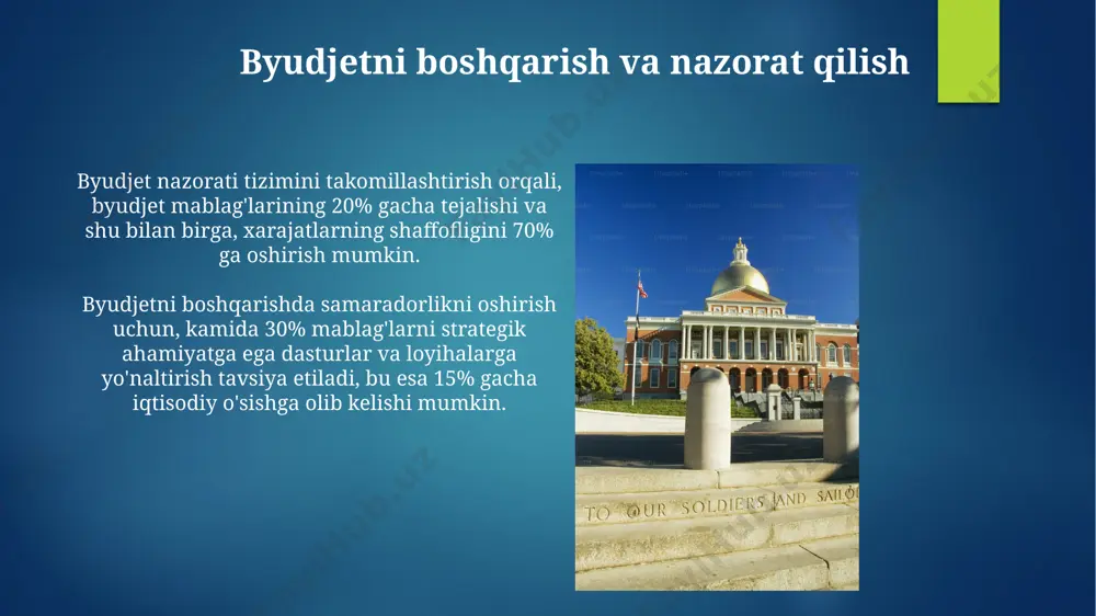 trillion so'm ajratilishi rejalashtirilgan bo'lib, bu umumiy byudjet xarajatlarining 10 foizini tashkil etadi. byudjet mablag'larining 25% dan ortig'i ta'lim, sog'liqni saqlash va ijtimoiy himoya sohalariga, ya'ni aholining ijtimoiy farovonligini ta'minlashga yo'naltiriladi. byudjet jarayonida fuqarolarning ishtiroki onlayn platformalar orqali byudjet loyihasi bilan tanishish imkoniyati berilishi va 10 000 dan ortiq fuqaroning fikr-mulohazalari qabul qilinishi rejalashtirilgan. byudjet jarayonida jamoatchilik muhokamalari orqali kamida 30% fuqarolarning takliflarini inobatga olish bo'yicha maqsadli ko'rsatkichlar belgilanishi kerak. davlat byudjeti va xalqaro hamkorlik xalqaro moliya institutlari bilan hamkorlikda amalga oshirilayotgan 5 yillik investitsiya dasturi davlat byudjetining barqarorligini ta’minlashga qaratilgan bo‘lib, 20%ini ta’lim sektoriga ajratadi. jahon banki bilan tuzilgan shartnoma doirasida davlat byudjeti taqchilligini qoplash uchun 1 milliard dollar miqdorida kredit ajratildi, bu valyuta kursi barqarorligini ta’minlashga yordam beradi. e'tiboringiz uchun rahmat @taqdimot_robot image6.jpg image7.jpg image8.jpg image9.jpg image10.jpg image11.jpg image12.jpg image13.jpg image14.jpg image15.jpg image16.jpg image17.jpg image2.png image3.png image4.png image5.png