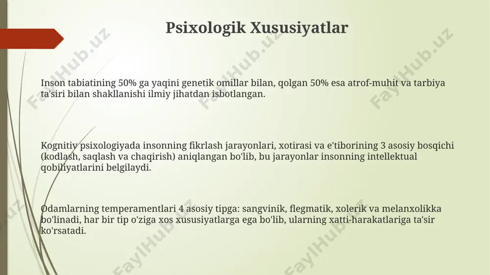 ddan ortiq neyronlari va trillionlab sinapslari murakkab biologik tarmoqni hosil qiladi, bu esa xulq-atvorning individual farqlanishiga sabab bo'ladi. biologik omillar inson xulq-atvorining taxminan 40-60% ini genetik omillar orqali belgilaydi, qolgan qismi esa atrof-muhit ta'siriga bog'liq. inson tabiatining mohiyati koʻplab psixologik tadqiqotlar koʻrsatishicha, insonning oʻziga xos ehtiyojlari, masalan, oʻz-oʻzini anglash va oʻz-oʻzini amalga oshirish kabi, inson tabiatining muhim tarkibiy qismlaridir. inson xulq-atvorining 40% dan ortigʻi genetik omillar bilan belgilansa-da, qolgan qismi atrof-muhit, tarbiya va ijtimoiy taʼsirlar natijasida shakllanadi, bu esa tabiat va tarbiya munozarasini keltirib chiqaradi. inson tabiatining asosiy xususiyatlaridan biri – 7 milliarddan ortiq odamning har birida noyob boʻlgan individual farqlarning mavjudligi boʻlib, bu esa yagona “inson tabiati” tushunchasini murakkablashtiradi. ijtimoiy ta'sirlar ijtimoiy ta'sirlar inson xulq-atvorining 70% gacha bo'lgan qismini aniqlashi mumkin, bu esa genetik omillarga qaraganda ancha yuqori ko'rsatkichdir. konformizm va itoatkorlik kabi ijtimoiy ta'sirlar, milgram va asch tajribalarida ko'rsatilganidek, odamlarning axloqiy qarorlariga sezilarli darajada ta'sir ko'rsatadi. guruh bosimi …