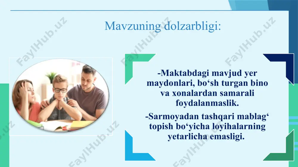 malardan foydalanish. janubiy koreya-ta’limi jadal rivojlangani uchun datsliklar 5-10 yilda bir bor ko‘rib chiqilib, zamonaviy talablarga moslashtiriladi. elektron darsliklar va qo‘shimcha resurslar edunet va ebs platformalari orqali taqdim etiladi. turkiya- elektron darsliklar va raqamli ta’lim platformalaridan foydalanish, “fatih” dasturi orqali maktablar planshet va raqamli ta’lim resurslari bilan to‘liq ta’minlangan. elektron darslik va resurslarni to‘plash o‘quvchilarni onlayn kutubxona, elektron katalog va qr kodli tizim bilan samarali ishlashni yo‘lga qo‘yish. boshlang‘ich 1-sinflarni (35 nafar) planshetlar bilan ta’minlash . bunda o‘quvchilarning onlayn ta’lim platformalar bilan ishlash ko‘nikmasi shakllanib boradi maktablarda byudjetdan tashqari mablag‘lar topishning sustligi. chexiya- maktablari moddiy texnik bazasi zamonaviy jihozlar bilan ta’minlangan. pullik to‘garaklar yaxshi yo‘lga qo‘yilgan. maktabning bo‘sh turgan bino, xonalarini shartnomalar asosida kurs o‘tish uchun ijaraga berish. maktab sport zal va maydonchalarini sport maktablariga ijaraga berish. xulosa maktabda moddiy resurslardan samarali foydalanish ta’lim sifatini barqaror o‘sishini ta’minlaydi va samaradorlikni uzluksiz rivojlanishiga xizmat qiladi. takliflar o‘quv jarayoni resurslari o‘quv dasturlari …