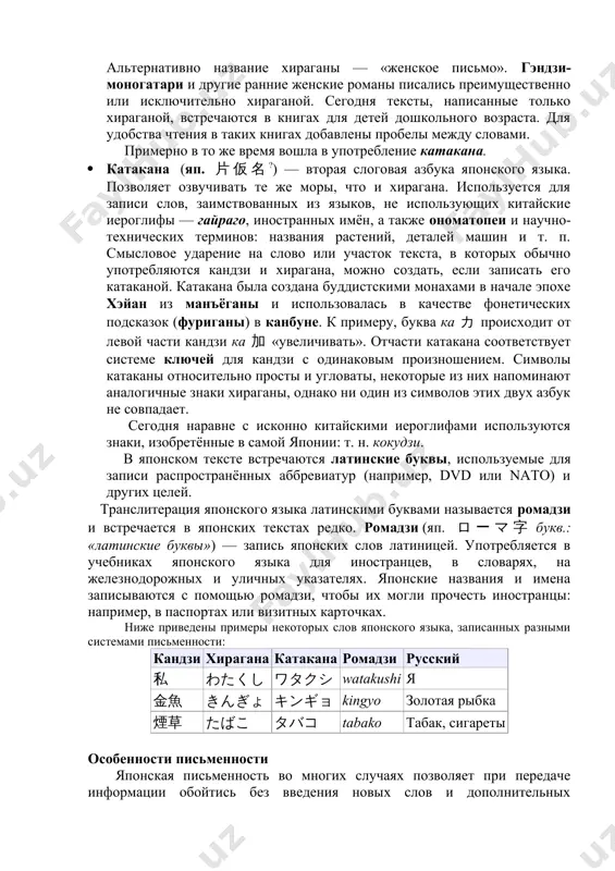 в. созданию фонетического письма способствовали два обстоятельства. · во-первых, каждый китайский иероглиф обозначает слог, в большинстве случаев равный слову, и может быть использован чисто фонетически без его связи со смыслом. · во-вторых, знакомство образованных японцев с санскритом подсказывало им возможность создания фонетического письма. идя по этому пути, за скорописной формой группы иероглифов, начертание которых было предельно упрощено, закрепили функцию силлабем. эту группу знаков назвали хирагана. · хирагана (яп. 平仮名?) — слоговая азбука, каждый символ которой выражает одну мору. хираганой можно передать гласные звуки, слоговые сочетания и одну согласную (н ん). хирагана используется для слов, в записи которых нет кандзи, включая частицы и суффиксы. она употребляется в словах вместо кандзи в тех случаях, когда предполагается, что читатель не знает каких-то иероглифов, или эти иероглифы незнакомы самому пишущему, а также в неофициальной переписке. формы глаголов и прилагательных (окуригана) также записываются хираганой. кроме того, хирагана используется для записи фонетических подсказок для чтения иероглифов …