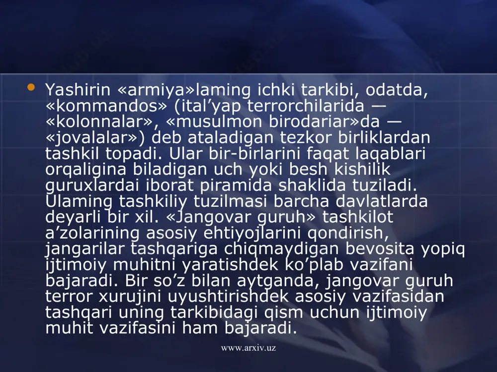ishi bugungi kunda ekstremizm va terrorizmning hech narsa bilan o’lchab bo’lmaydigan darajada ko’zga tashlanadigan ijtimoiy hodisaga aylanishiga olib keldi. qiyos uchun: narkobiznesdan keladigan foydaga va soxta inqilobiylikni qo’llab-quwatlashga qaratilgan sotsialistik tuzum yordamiga tayanib, xx asming 70-yillarida lotinamerikalik zkstremistlar ko’plab terrorchilik hara-katlarini sodir etgan bo’lsalar ham, ommaviy axborot vositalarining o’sha paytdagi rivojlanganlik darajasi ularga global miqyosga chiqish imkonini bermagan edi. bunday vaziyatda lotin amerikasi ekstremizni mintaqaviy darajadan tashqariga chiqa olmagan. www.arxiv.uz www.arxiv.uz ekstremizm va terrorizm ommaviy axborot vositalari orqali yoritilmas ekan ko’zlangan «samarani» bennaydi. shu ma’noda ular o’zaro bog’liqdir. terrorchilik xuruji ommaviy axborot vositalarida qanchalik keng yoritilsa ushbu harakatni sodir etishdan kutiladigan natija shunchalik bevosita va yuqori bo’ladi. bu esa, u yoki bu harakatni o’tkazishdan ko’zlanadigan asosiy maqsad hisoblanadi. axborot maydoni rivojlanib, tobora to’yinib borayotgan, ammo uni etkazishda mazmunan ham, shaklan ham o’zibo’larchilik ustuvorlik qilayotgan hozirgi davrda oav ekstremizm va terrorizm qo’lidagi kuchli qurolga aylanib qolmokda. to’g’ri, hech bir oav o’z …