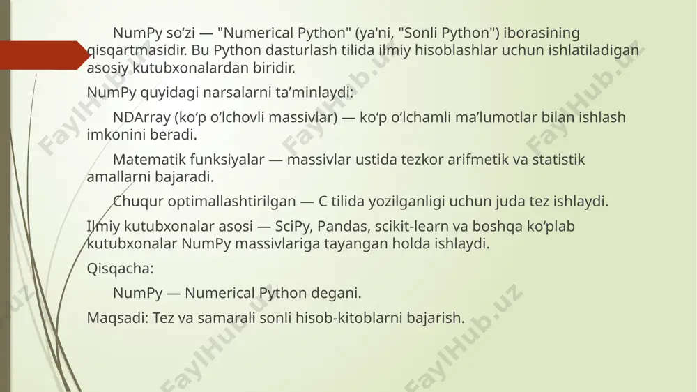 otgan bo’lsangiz, pip orqali numpy-ni o’rnatishingiz mumkin. terminal yoki kompyuterda dastur terminalini oching va quyidagi komandani kiriting: copy codepip install numpy anaconda orqali o’rnatish: agar anaconda-dan foydalanayotgan bo’lsangiz, numpy-ni o’rnatish uchun quyidagi komandani ishga tushirishingiz mumkin: copy code conda install numpy keyin, numpy-ni istalgan python dasturida import qilishingiz mumkin: python copy code import numpy as np undan so’ng, numpy bilan ishlash uchun tayyor bo’lasiz! numpy (numerical python) moduli python-da raqamli hisoblash va ma’lumotlar bilan ishlash uchun yordamchi funksiyalar to’plamidir. ushbu modulni ishlatish orqali, massivlar (arrays) va ma’lumotlar ustida yuqori darajadagi amallarni bajarish mumkin. numpy modulining asosiy vazifalari quyidagilardir: massivlar (arrays) va matritsal amallar: numpy asosan massivlar (arrays) va matritsal ma’lumotlarda ishlashga mo’ljallangan. bu, qulay va tezroq ma’lumotlar ustida amallar bajarish uchun ilova etilgan. yuqori darajadagi amallar: numpy massivlari ustida yuqori darajadagi (high-level) amallar bajarishni ta’minlaydi. bu, arifmetik, matematik, statistika, logika va boshqa ma’lumotlar ustida amallarni bajarish uchun kuchli vositadir. raqamli …