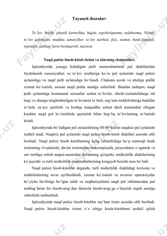 rsatish va tovarsiz operatsiyalar bo`yicha bir-biriga bo`lgan talab va majburiyatlarni naqd pul ishlatmasdan pul mablag`larini bir hisobvarag`dan ikkinchi hisobvarag`ga o`tkazish orqali amalga oshirilishi tushuniladi. iqtisodiyotda naqd pulsiz hisob-kitoblar ma’lum tizim asosida olib boriladi. naqd pulsiz hisob-kitoblar tizimi o`z ichiga hisob-kitoblarni tashkil qilish tamoyillari, shakllari, usullari hamda naqd pulsiz hisob-kitoblarni tashkil qilish oldida qo`yilgan talablarni oladi. naqd pulsiz hisob-kitoblar tizimining elementlarining har birini alohida ko`rib chiqamiz. 1930-1932 yillarda o`tkazilgan kredit reformasi davrida kiritilgan va sobiq ittifoq davrida mavjud bo`lgan naqd pulsiz hisob-kitoblar tizimi iqtisodiyotni boshqarishning ma’muriy-buyruqbozlik usullariga asoslangan edi. naqd pulsiz hisob-kitoblar tizimi birinchi navbatda ishlab chiqarish va realizatsiya qilish rejalarini bajarish nuqtai nazaridan mahsulot sotuvchi korxona qiziqishlariga xizmat qilar edi. naqd pulsiz hisob-kitoblarni tashkil qilish tamoyillari korxonalarning shartnoma majburiyatlarini bajarish uchun iqtisodiy qiziqishlar vajavobgarligi chegaralangan, qat’iy qilib belgilangan edi. bu tamoyillar quyidagicha belgilangan: 1. bank naqd pulsiz hisob-kitoblarni tashkil qiladi va ularning bajarilishi ustidan nazorat qiladi; 2. to`lov vaqti qat’iy …