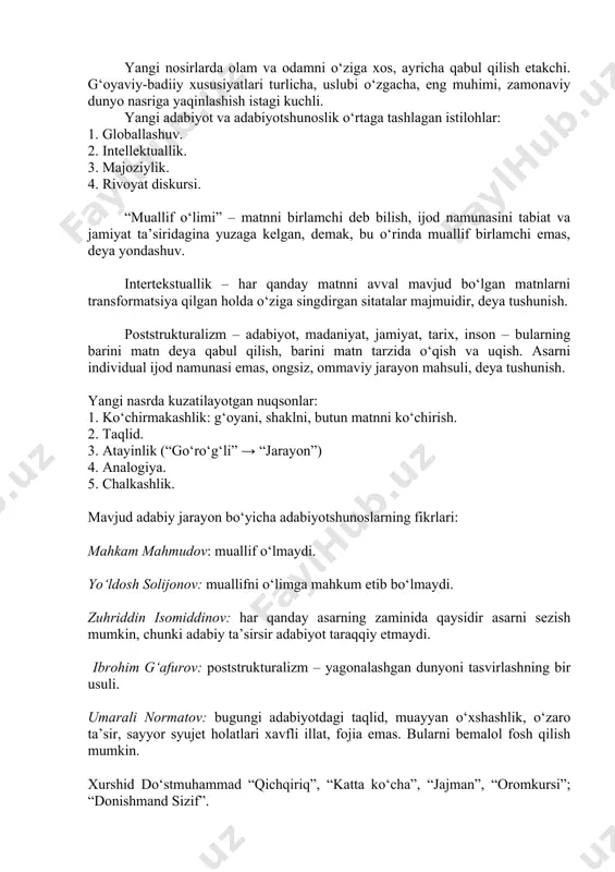 id. 3. atayinlik (“go‘ro‘g‘li” → “jarayon”) 4. analogiya. 5. chalkashlik. mavjud adabiy jarayon bo‘yicha adabiyotshunoslarning fikrlari: mahkam mahmudov: muallif o‘lmaydi. yo‘ldosh solijonov: muallifni o‘limga mahkum etib bo‘lmaydi. zuhriddin isomiddinov: har qanday asarning zaminida qaysidir asarni sezish mumkin, chunki adabiy ta’sirsir adabiyot taraqqiy etmaydi. ibrohim g‘afurov: poststrukturalizm – yagonalashgan dunyoni tasvirlashning bir usuli. umarali normatov: bugungi adabiyotdagi taqlid, muayyan o‘xshashlik, o‘zaro ta’sir, sayyor syujet holatlari xavfli illat, fojia emas. bularni bemalol fosh qilish mumkin. xurshid do‘stmuhammad “qichqiriq”, “katta ko‘cha”, “jajman”, “oromkursi”; “donishmand sizif”. nazar eshonqul “maymun etaklagan odam”, “bahoviddinning iti”, “muolaja”, “bepoyon omon”; “go‘ro‘g‘li” isajon sulton “qismat”, “olisdagi urushning aks-sadosi”, “tuman”, “bibi salima”, “mega intellekt”; “boqiy darbadar”, “ozod”, “genetik” ulug‘bek hamdam “bir piyola suv”; “yolg‘izlik”; “muvozanat”. hozirgi adabiy jarayonda yaratilayotgan har bir asar mohiyatini teran uqish, falsafiy estetik qatlamni kuzatish kitobxon tafakkurini boyitib boradi. hikoyachilikdagi yangilanishlar ,uslubiy betakrorlik matn bilan ishlash jarayonida yaqqol ko’zga tashlanadi. shu o’rinda janr takomili ham e'tibordan …