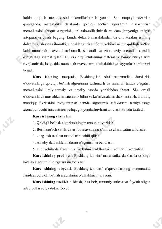 lsa, bo‘linmaning butun qismi noto‘g‘ri hisoblangan bo‘ladi. qoldiqli bo‘lish amali sonlarni guruhlarga ajratishda va ularni bo‘luvchilarga bo‘lishda qulaylik yaratadi. masalan, 36 ni 7 ga bo‘lib, 36=7×5+1, qoldiq 1, ya’ni 36 7 ga 5 marta to‘liq bo‘linadi va 1 qism ortadi. qoldiqli bo‘lish tushunchasi modulyar arifmetika, ya’ni “mod” operatsiyasining asosidir. misol uchun, 17 mod 5=2, bu 17 ni 5 ga bo‘lgandagi qoldiqni bildiradi. qoldiqli bo‘lish algoritmi esa bu amaliyotni bajarish qoidalari ketma-ketligidan iborat. bu algoritm maktab matematika darslarida, kompyuter fanlarida va sonlar nazariyasida keng qo‘llaniladi. misol uchun, 56 ni 9 ga bo‘lish jarayoni: · 56 dan 9 ga teng yoki katta eng kichik qism 56 o‘zi, · 9 ni 6 marta ko‘paytiramiz: 9×6=549 \times 6 = 549×6=54, · 56 dan 54 ni ayiramiz: 56−54=256 - 54 = 256−54=2, · qoldiq 2, butun qism 6. shunday qilib, 56=9×6+2. qoldiqli bo‘lish orqali sonlar orasida bo‘linuvchanlikni ham tekshirish mumkin. masalan, agar qoldiq nolga teng …
