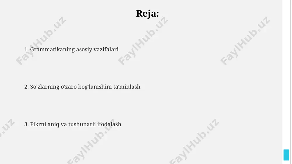 n, so'z tartibi va tinish belgilarining 7 xil turi, ma'no ifodasini aniqlashtirishda, ikki xil ma'noni ajratib ko'rsatishda va noto'g'ri talqinlarni oldini olishda muhim rol o'ynaydi. nutqning o'ziga xos xususiyatlarini shakllantirish tarkibida 20 dan ortiq so‘z bo‘lgan murakkab gaplarni tuzishda grammatik qoidalar nutqning ifoda kuchini va ta’sirchanligini oshirishda muhim rol o‘ynaydi. so‘zlarning tartibi, bog‘lovchi va otlarning qo‘llanishi kabi 5 ta asosiy grammatik omil nutqning mantiqiy tuzilishiga va izchillikka ta’sir ko‘rsatadi. nutqning aniqligi va o‘ziga xosligini 10 ga yaqin grammatik vositalar, jumladan, fe’l zamonlari va gap bo‘laklari orqali shakllantirish mumkin. gap a'zolarini aniqlash gap tuzilmalarini (sodda, murakkab, qo‘shma) farqlash orqali gapdagi 2 yoki undan ortiq kesimlarning mavjudligini aniqlash mumkin. morfologik tahlil orqali so‘zlarning grammatik kategoriyalarini (kishi, son, zamon, mayl) aniqlab, gapdagi ma’noviy va sintaktik munosabatlarni tushunish mumkin. gaplarni aniqlashda 5 ta asosiy gap bo‘laklarini (ega, kesim, to‘ldiruvchi, aniqlovchi, hol) o‘zaro bog‘lanishini tahlil qilish muhim ahamiyat kasb etadi. grammatikaning asosiy vazifalari grammatika nutqning …