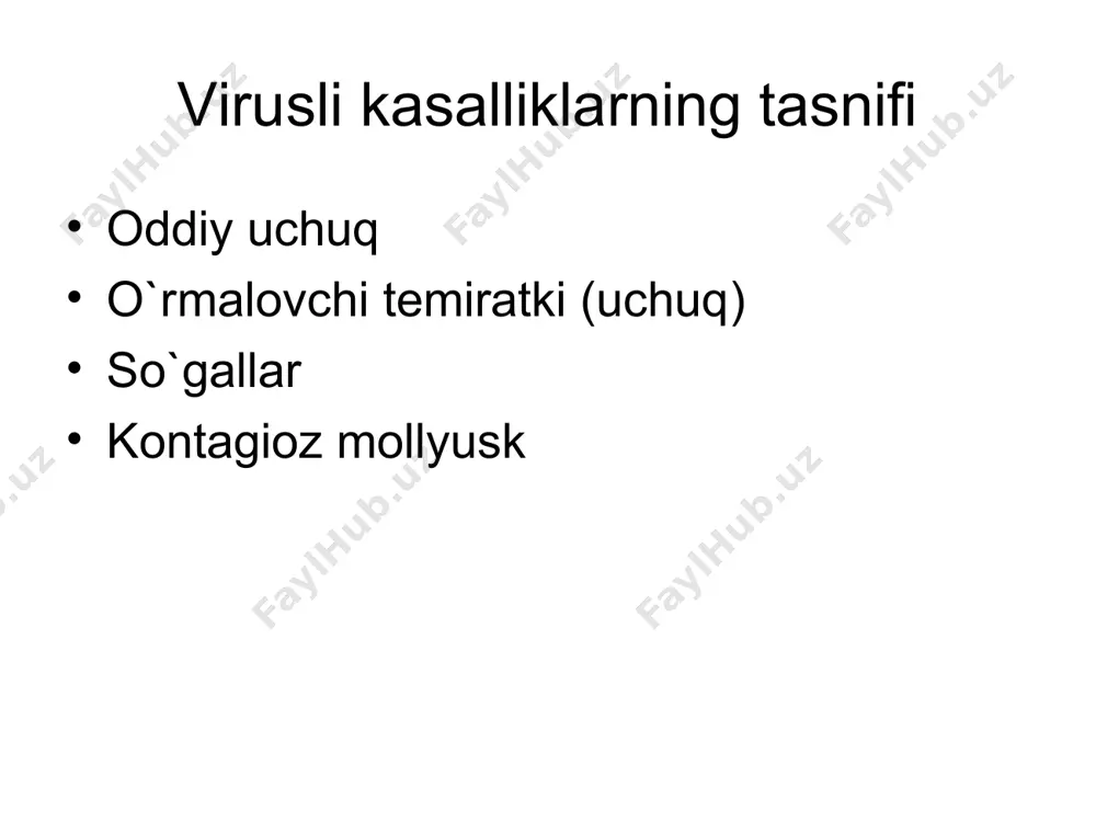 h kasalliklari sabab bo`ladi. terining shilliq qavatga o`tish joylarida uchrab, uzun oyoqchadan va xamirsimon tugunchadan iborat. ipsimon so`gallar: ko`proq yuzda, qovoqlarda, burun qirralarida va ayrim hollarda tanada uchraydi. oddiy so`gal oddiy so`gal oddiy so`gal yuz sohasida oddiy so`gal qo`lda so`gallar tovon so`gali tovon so`gali tovon so`gali oddiy qattiq so`gallar qov sohasida so`gallar yosh bolalarda so`gal oddiy so`gal tovon so`gali tovon so`gali tovon so'gali gigant genita lsoha so`gali anal sohada o`tkir sohada o`tkir uchli kandilomalar labda o'tkir uchli kandilomalar so`gallarning davosi gipnoterapiya sitostatik preparatlar ( podofillin, 5-ftoruratsil) destruktiv muolajalar – kyuretaj, krioterapiya, elektrokoagulyatsiya) 50% li bir va uchuksus kislotasi bilan kuydirish 40% li salitsil kislotasi ham keratolitik ta`sir qiladi. immunstimullovchi preparatlar kontagiozli mollyusk yuqumli molyusk lab sohasida yuqumli molyusk yuz sohasida yuqumli molyusk yuz sohasida yuqumli molyusk yuqumli molyusk boshning sochli qismida yuqumli molyusk bel sohasida yuqumli molyusk badanda kontagioz molyusk kontagioz molyusk o`tkir uchli kondilomalar chechaksimon rikketsioz dog`simon isitma dog`simon …