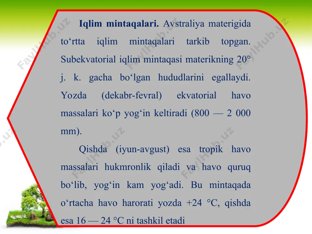 eng janubdagi subtropik iqlim mintaqasidagi tabiat zonalari hududiy xususiyatga ega. materikning g‘arbiy qismida qattiq bargli o‘rmonlar va butalar (asosan, evkaliptlar), janubi-sharqida evkaliðt o‘rmonlari, undan janubda doimiy yashil dub (eman)lar o‘sadi. avstraliya alp tog‘larida balandlik mintaqalari mavjud. tasmaniya aralash o‘rmonlar bilan qoplangan.