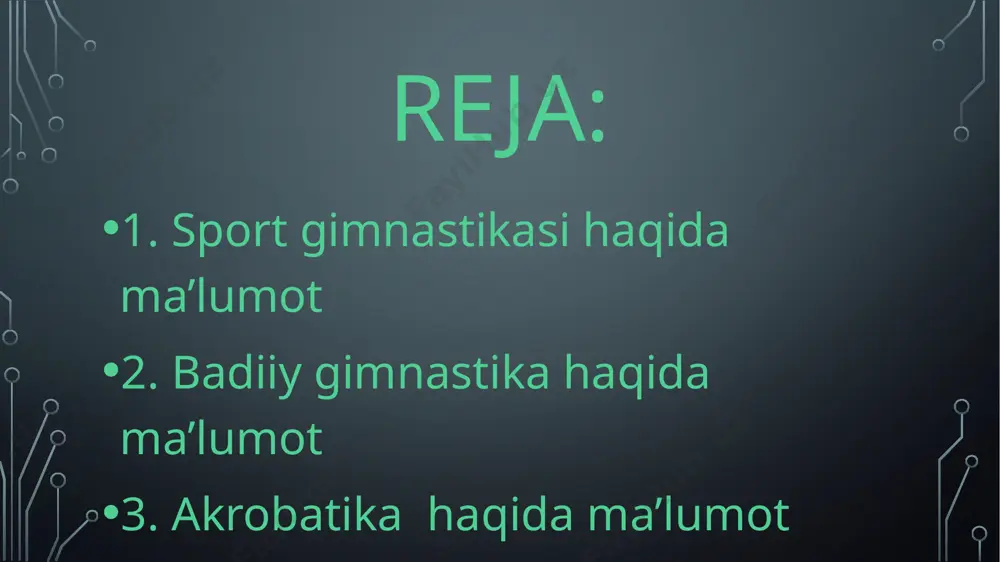 , oʻzbekiston sport ustalari f. xoʻjayev, a. ninkova, b. gayfulina, n. jalilova, s. akopyans, k. hasanov, i. rahmatov, r. osimov, i. ponamarev va boshqa mamlakatimiz hamda xorijda oʻtkazilayotgan yirik musobaqalarda muvaffaqqiyatli qatnashib keladi. badiiy gimnastika badiiy gimnastika – sport turi, buyum (tasma, koptok, halqa, argʻamchi) bilan va usiz turli nafis gimnastika va raqs mashqlarini musiqa ostida bajarish boʻyicha o’tkaziladigan ayollar musobaqalari. xalqaro sport musobaqalarining hozirgi zamon dasturida koʻp kurash (bitta majburiy va buyumlar bilann uchta erkin mashqlar) hamda buyum bilan guruh boʻlib erkin mashqlari mavjud. gʻoliblar koʻp kurashda, alohida va guruh boʻlib bajariladigan mashqlarda aniqlanadi. sportchilarning mashqlari 10 balli tartib boʻyicha baholanadi. 40-yillardan badiiy gimnastika musobaqalari oʻtkazila boshlandi. 50-yillar oxirida xalqaro gimnastika federatsiyasi badiiy gimnastikani sport turi sifatida tan oldi. 1963-yildan toq yillari jahon chempionatlari oʻtkazilmoqda, 70-yillar boshidan jahon kubogi uchun yirik xalqaro musobaqalar tashkil qilinmoqda. 1984-yildan olimpiya oʻyinlari dasturiga kiritilgan. oʻzbekiston badiiy gimnastikachilari terma jamoasi 1991-yil simferopolda oʻtgan ittifoq …