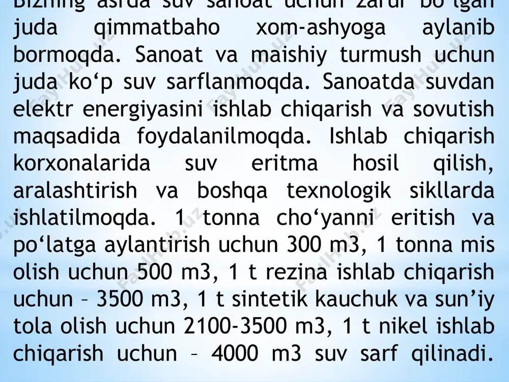 uvlarni ionitlar yordamida tozalashdir. ionitlar almashinayotgan ionning zaryadiga ko`ra kationit va anionitlarga bo`lingandir. 4.elektrokimyoviy oksidlash usuli elektrodlarda oksidlash-qaytarilishi jarayonini amalga oshirishga asoslangan bo’lib. oqova suvlarni zaharli moddalardan (sianid, og’ir metal ionlari) tozalashga qo’llaniladi. ushbu jarayon elektrolizda amalga oshiriladi. elektrolizerga elektrotok berilganda katodda qaytarilish jarayoni hisobiga vodorod yoki metall ajraladi, anodda esa kislorod yoki boshqa gaz ajraladi (erimaydigan anod bo’lsa) yoki metall eriydi (eriydigan anod bo’lsa). /docprops/thumbnail.jpeg