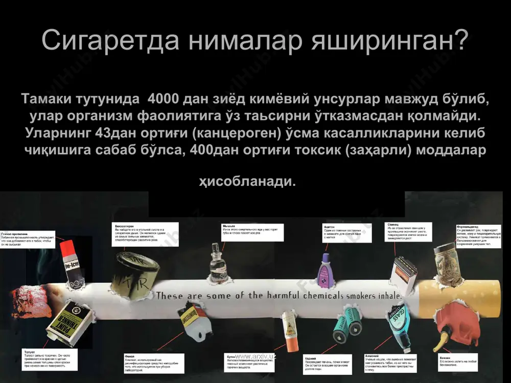 ги кўрсатилган. www.arxiv.uz www.arxiv.uz чекишга қарши кураш – бу нафақат чекувчилар соғлиги учун, балки уларнинг атрофидаги инсонлар, демак бутун жамият соғлиги учун курашдир! www.arxiv.uz www.arxiv.uz www.arxiv.uz www.arxiv.uz