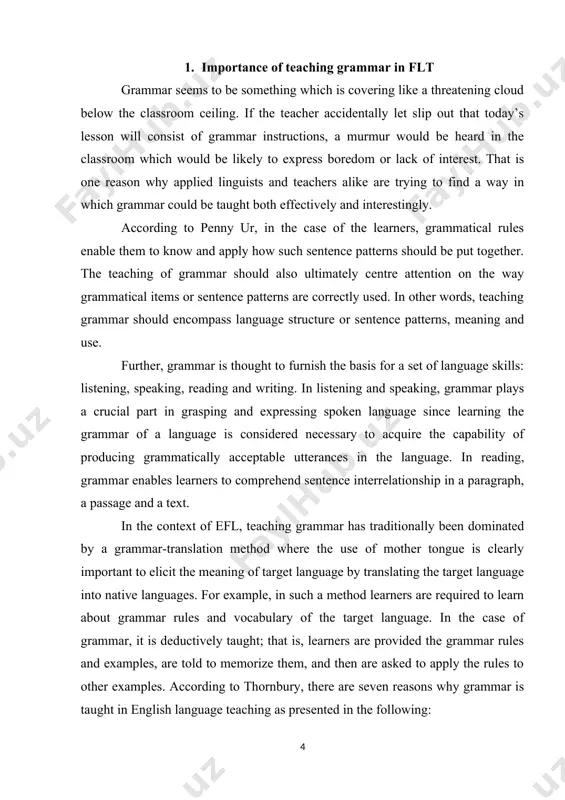 of grammar helps learners reduce their incorrect grammatical structure. the rule-law argument-the teaching of grammar offers teachers a structured system that can be taught and tested in methodical steps. it allows learners to experience the language through communication. the learner-expectation argument- the teaching of grammar provides students with learning experience more efficient and systematic. in the case of teaching grammar to efl learners, a teacher may feel frustrated when learners are taught grammatical items separately. students may become good at grammar; however, when told to write and speak, they often make grammatical mistakes. this case is very challenging to solve. teaching grammar is not a ‘one size fits all’ experience. as teachers, we have the freedom to choose how we present and teach new language, we can change our minds if we find that the approach we originally chose isn’t working. for example, we can use ppp approach: in this …