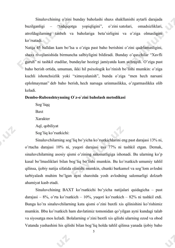 kichi bo’yicha natijalari quidagicha – past darajasi – 8%, o’rta ko’rsatkich – 10%, yuqori ko’rsatkich – 82% ni tashkil etdi. bunga ko’ra sinaluvchilarning kata qismi o’zini baxtli xis qilinishini ko’rishimiz mumkin. bbu ko’rsatkich ham davlatimiz tomonidan qo’yilgan ayni kundagi talab va siyosatga mos keladi. bolalarning o’zini baxtli xis qilishi ularning ozod va obod vatanda yashashini his qilishi bilan bog’liq holda tahlil qilinsa yanada ijobiy baho berish mumkin. qolaversa, o’zini baxtli his qilgan bola, avvalo, ruhan baquvvat bo’ladi, bu uning po’quv faoliyatiga ham o’zining ijobiy ta’sirini ko’rsatishi mumkin. bu esa uning shaxs sifatida shakllanishiga o’z ijobiy ta’sirini ko’rsatmasdan qolmaydi. aqliy daraja ko’rsatkichi – sinaluvchilarda quidagicha taqsimlangan – past daraja – 15%, o’rta daraja, 20%, yuqori daraja 65% ni tashkil etgan. sinaluvchilarning asisiy qismida o’zining qobilyatlarini yuqori darajada baholashgan. buni shunday izohlash mumkinki, bolalarning o’z kuchi va imkoniyatlariga bo’lgan ishonchini ko’rsatadi. malumki, “men” – obrazi shakllanishining reallik darajasi va tayanchlari maktabgacha davrda …