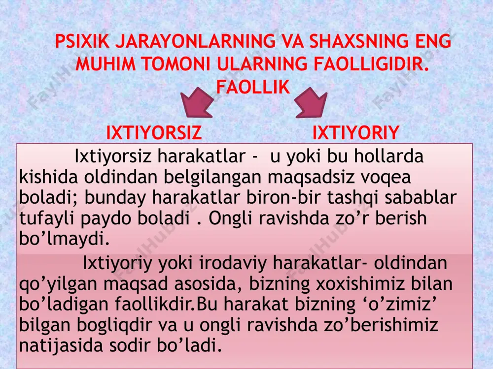 daviy faoliyatning o’ziga xos xususiyatlari quyidagilardan tashkil topgandir 1) irodaviy harakatlarni shaxs hamisha ularning subyekti sifatida amalga oshiradi; 2) irodaviy akt, harakat shaxs to’la-to’kis mas’ullikni zimmasiga olgan ish, amal sifatida ichdan (ichki dunyosida) kechiriladi; 3) irodaviy faoliyat tufayli inson ko’p jihatdan o’zini o’zi shaxs sifatida anglaydi; 4) irodaviy faoliyat sababli shaxs o’z hayot yo’li va taqdirini o’zi belgilashini tushunib yetadi va hokazo. shu bilan birga irodaning faollashtiruvchi va jilovlab turuvchi (tormoz qiluvchi) funksiyalari birgalikda (hamkorlikda) hukm sursagina, faqat shundagina shaxsning o’z maqsadiga erishish yo’lidagi to’siqlarni yengishni kafolatlashi mumkin www.arxiv.uz nazoratni lokallashtirish psixologiya fanida nazoratni lokallashtirish deganda shaxsning individual faoliyati natijalari uchun mas’uliyatni tashqi kuchlarda va sharoitlarda qayd qilishni, shuningdek, ularning kuch-g’ayratiga, qobiliyatiga moyilligini belgilaydigan sifatlar majmuasi tushuniladi. nazoratni lokallashtirish tashqi (eksternal) hamda ichki internal turlariga ajratiladi. nazoratni tashqi lokallashtirishga ba’zi misollarni keltiramiz: xodim ishga, talaba darsga kech qolsa, bu hodisani turlicha bahonalar bilan izohlashga harakat qiladi 1) avtobus o’z vaqtida …