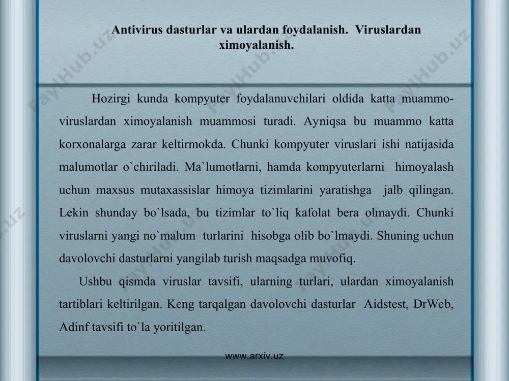 aydi va undagi barcha ma`lumotni o`chiradi. ayrim viruslar ma`lumotlarni asta-sеkin o`chiradi. «virus kompyutеrda qanday paydo bo`ladi va uni kim yaratadi?» kabi savollar albatta tug`iladi virus kichkinagina dastur bo`lib, u yaratiladi. ixtiyoriy dasturni dasturlovchi yaratadi. yaratilish sababi turli bo`ladi. ko`pincha ularni dasturlashni o`rganayotgan talabalar yaratadi. kompyutеrda virus paydo bo`lgan bo`lsa, xafa bo`lmang. «kasallanishdan » ixtiyoriy kompyutеr xoli emas. kasallangan kompyutеrni davolash mumkin. buning uchun maxsus «tibbiy» dasturlar - antiviruslar mavjud. quyida virus turlari, ularni aniqlash va davolash, oldini olish extiyotkorlik tadbirlari ustida to`xtalamiz. www.arxiv.uz www.arxiv.uz virus turlari viruslar matnli, ma`lumotli, jadvalli fayllarni o`zgartirish mumkin. ayrim viruslar fayllarini shikastlaydi. shikastlangan fayl virus nusxasini saqlaydi. bunday viruslar fayl viruslari dеb ataladi. ular *.som va *.exe kеngaytgichli fayllarni, opеrasion tizim yuklovchisini, qurilma drayvеrlarini shikastlovchi viruslarga ajratiladi. shikastlangan dastur ishlashi bilan virus o`z ishini boshlaydi. agar virus xotirada bo`lsa, u fayllarni shikastlashni davom ettiradi. agarda u autoexec. bat yoki config. sys dan chiqariluvchi faylni zararlantirgan …