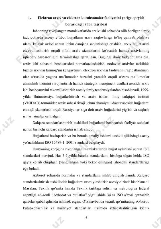seriyali “axborot va hujjatlar”, “boshqarish tizimlari hujjatlari” kabi yangi yondashuvga ega xalqaro iso standartlari tuzilgan. bu kabi xalqaro iso standartlariga quyidagilami ham misol keltirishimiz mumkin: • iso 15489:2001, axborot va hujjatlar - yozuvlami boshqarish- 1-qism: umumiy; 2-qism: yo‘riqnomalar. • iso 23081-1: 2006, axborot va hujjatlar - yozuvlami boshqarish jarayonlari - yozuvlar uchun metama’lumotlar - 1-qism: tamoyillar. • iso 22310: 2006, axborot va hujjatlar - standartlami ishlab chiquvchilar uchun standartlarda hujjatlami boshqarish talablarini ko‘rsatishdagi ko‘rsatmalar. ya’ni boshqamv talablarini belgilovchi standartlami ishlab chiquvchilar uchun qo’llanma hujjatlar. sanab o‘tilgan barcha standartlar raqami va nomini saqlab qolgan holda rossiyada gost r iso sifatida qabul qilingan. xalqaro iso standartlari tomonidan elektron hujjatlami uzoq muddatli saqlash muammosiga bag‘ishlangan tushunchalar berib o‘tilgan. muammolar bo‘yicha iso xalqaro standartlari haqida gapirganda elektron hujjatlami it texnologiyalari standartlari asosida uzoq muddatli saqlashga doir ma’lumotlarga aniqlik kiritilishi kerak. bu standartlar ixtisoslashgan iso texnik qo‘mitalari hamda xalqaro elektrotexnika komissiyasi bilan birgalikda ishlab chiqilgan. …